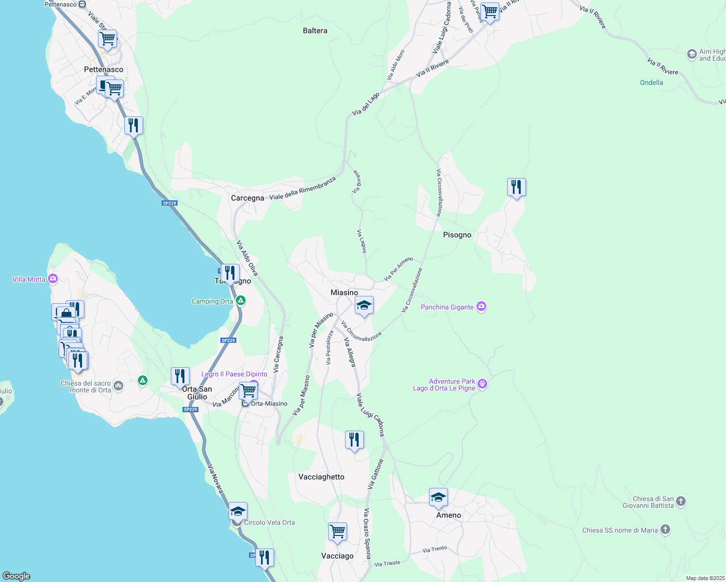 map of restaurants, bars, coffee shops, grocery stores, and more near 24A Via Umberto I in Miasino