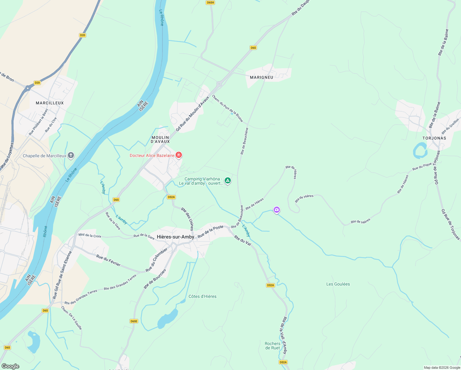 map of restaurants, bars, coffee shops, grocery stores, and more near Route de Beauchêne in Hières-sur-Amby