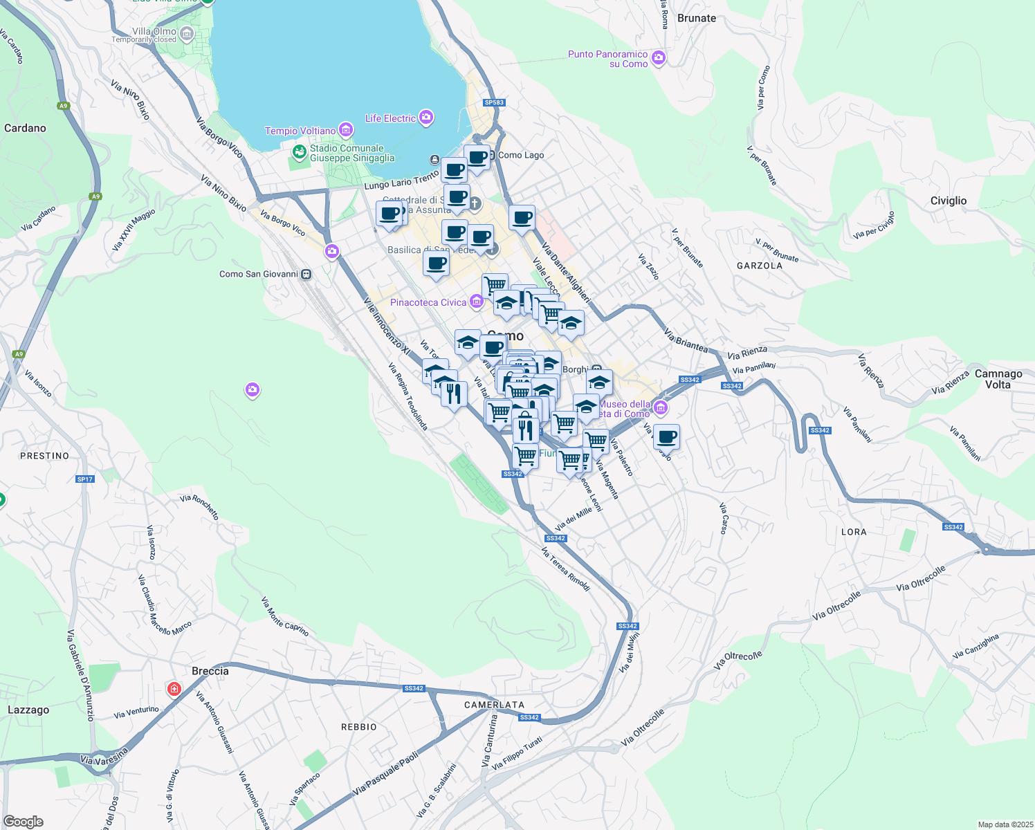 map of restaurants, bars, coffee shops, grocery stores, and more near 17 Via Roosevelt in Como
