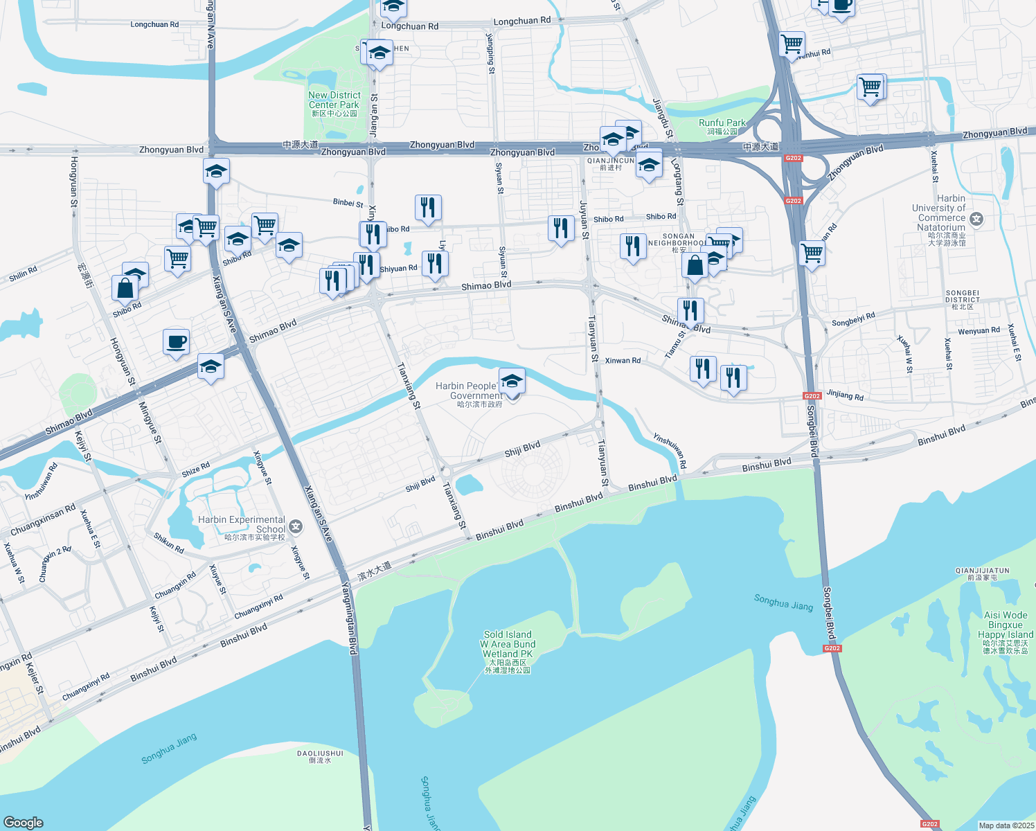 map of restaurants, bars, coffee shops, grocery stores, and more near in Harbin