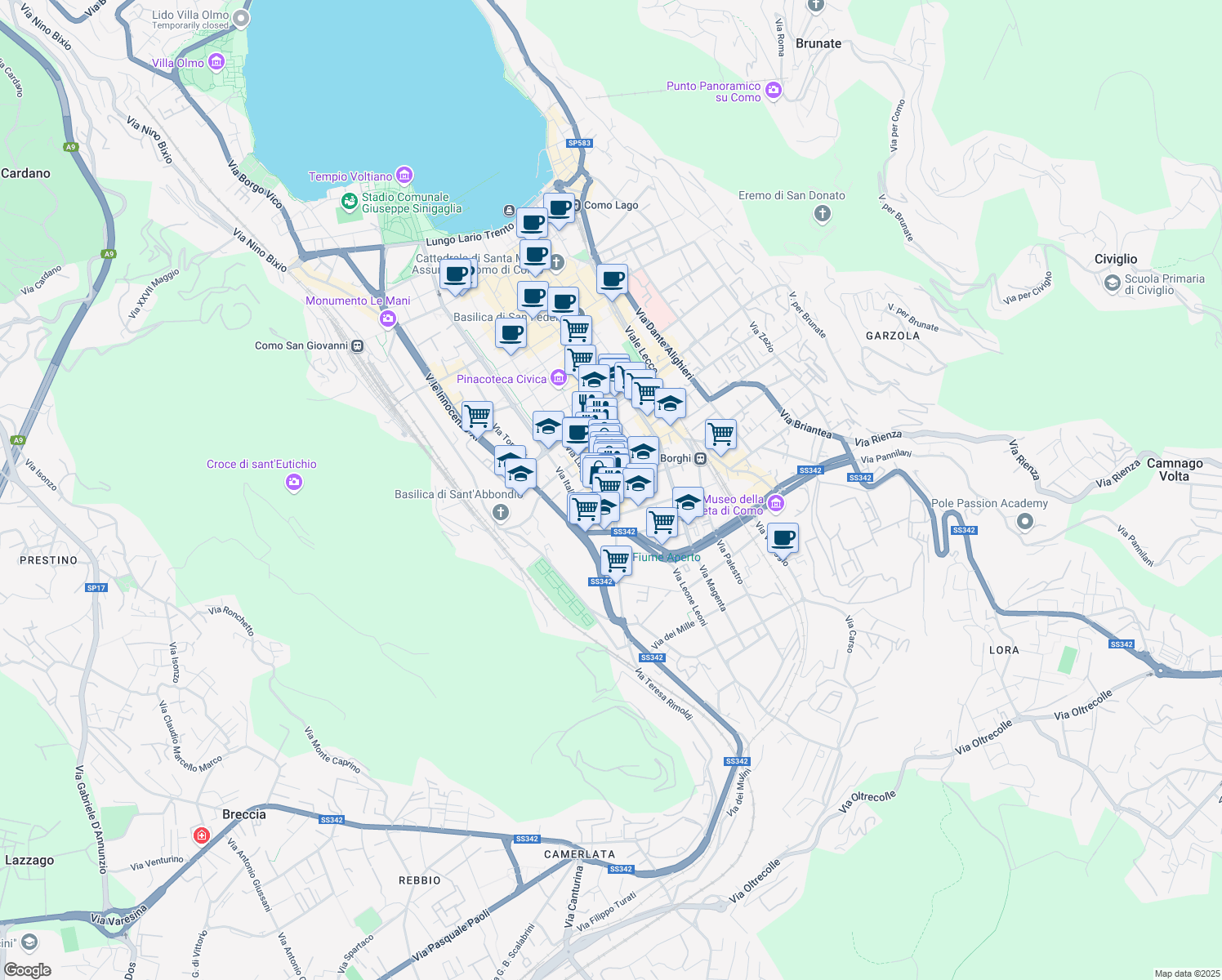 map of restaurants, bars, coffee shops, grocery stores, and more near 23 Via Luigi Cadorna in Como