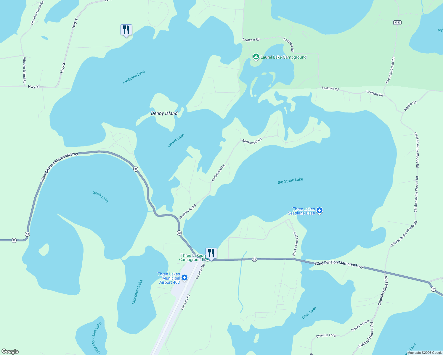 map of restaurants, bars, coffee shops, grocery stores, and more near 7086 Bonkowski Road in Three Lakes