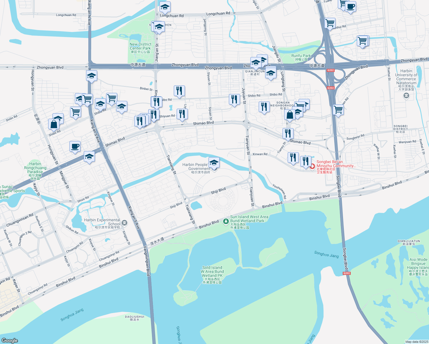map of restaurants, bars, coffee shops, grocery stores, and more near in Harbin