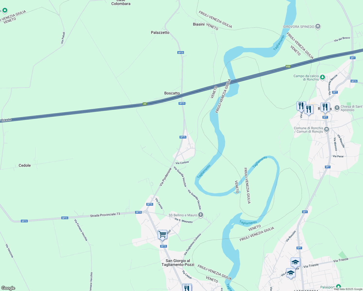 map of restaurants, bars, coffee shops, grocery stores, and more near Strada Provinciale 75 in San Giorgio Al Tagliamento-pozzi