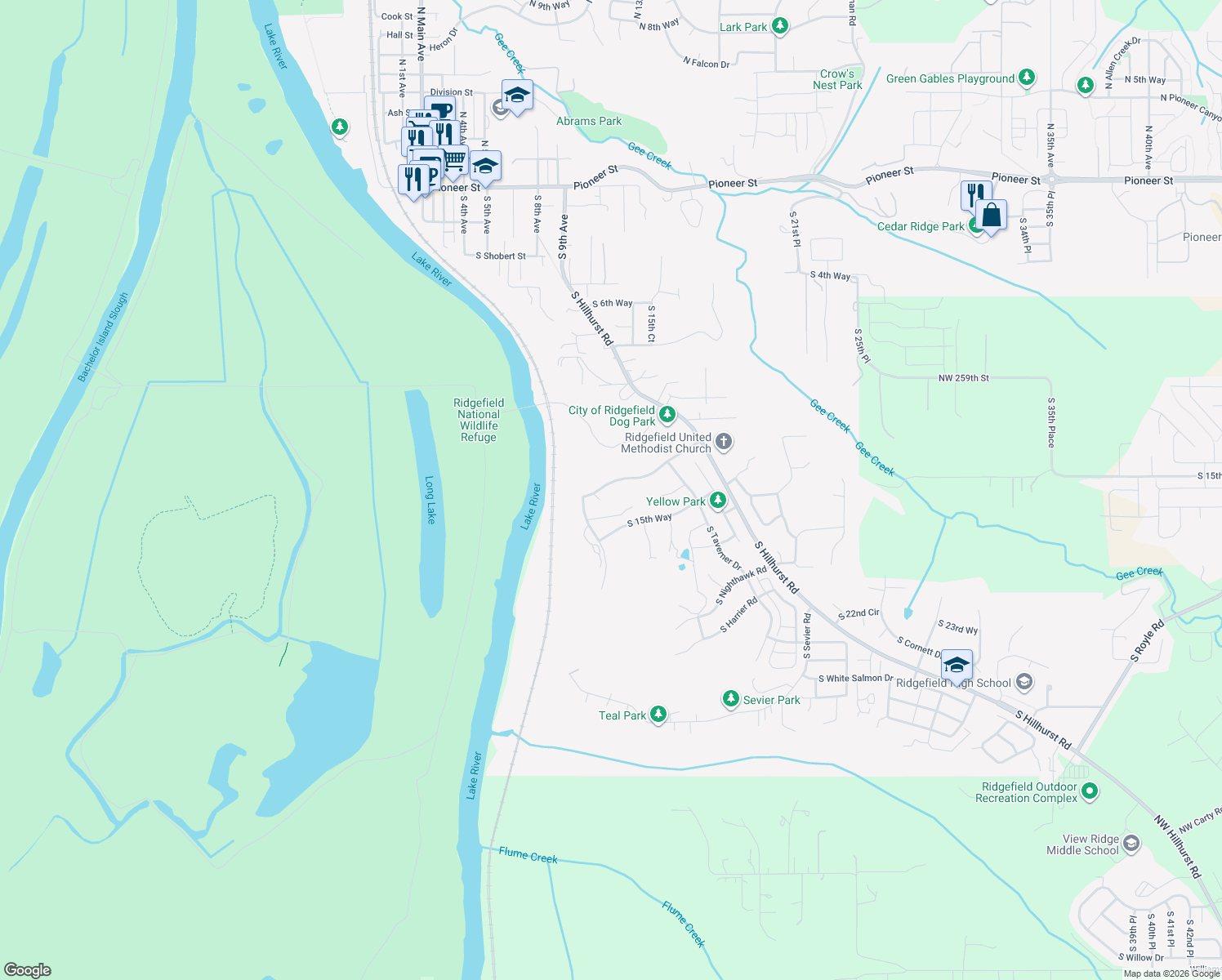 map of restaurants, bars, coffee shops, grocery stores, and more near 1205 South Great Blue Road in Ridgefield