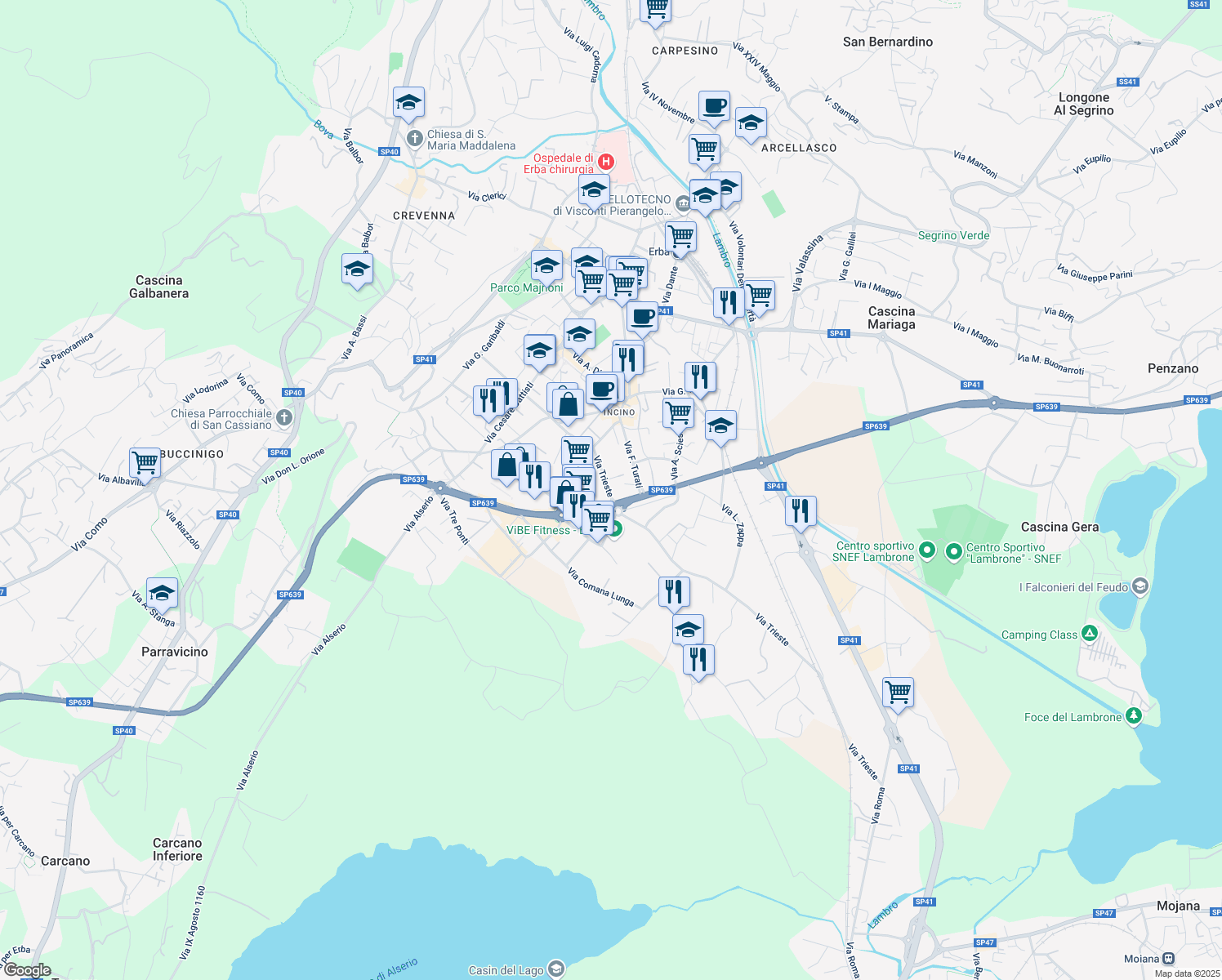 map of restaurants, bars, coffee shops, grocery stores, and more near 22 Via Trieste in Erba