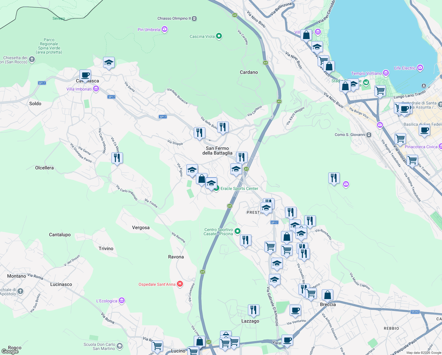 map of restaurants, bars, coffee shops, grocery stores, and more near 21 Via Rigamonti in San Fermo della Battaglia
