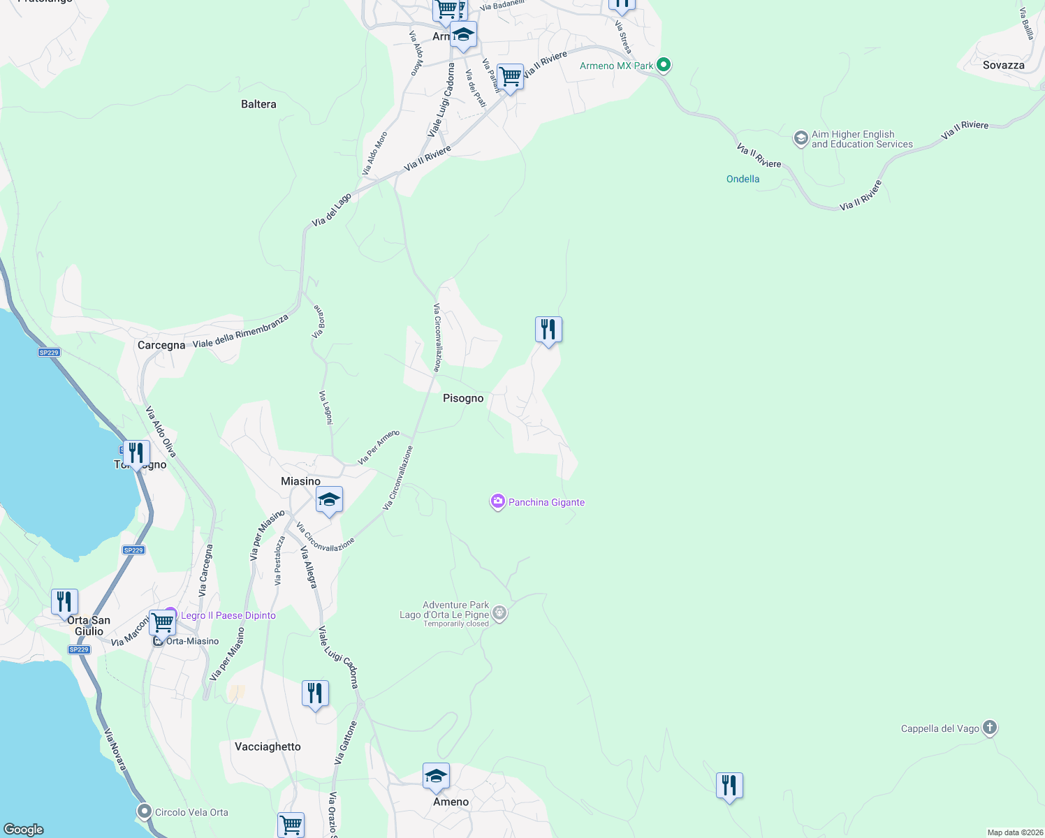 map of restaurants, bars, coffee shops, grocery stores, and more near Via Costaccia in Novara