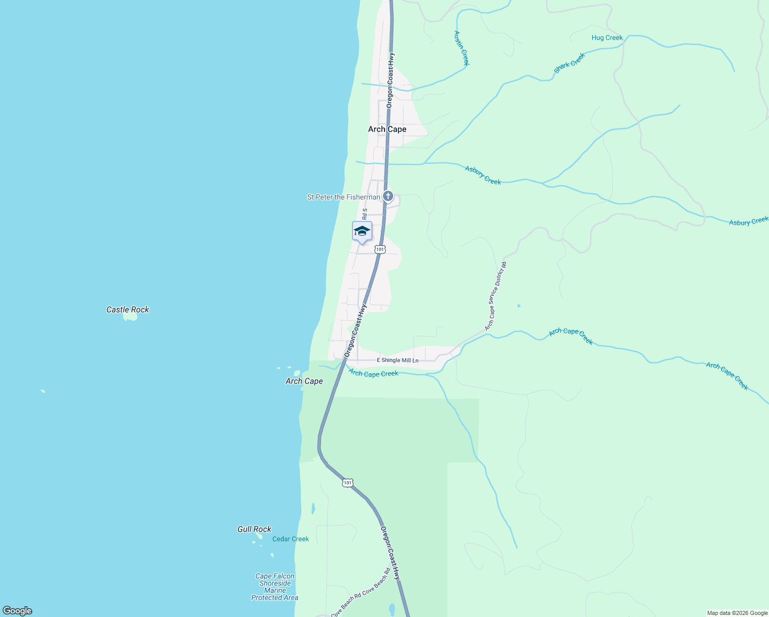 map of restaurants, bars, coffee shops, grocery stores, and more near 79905 Anvil Rock Road in Arch Cape