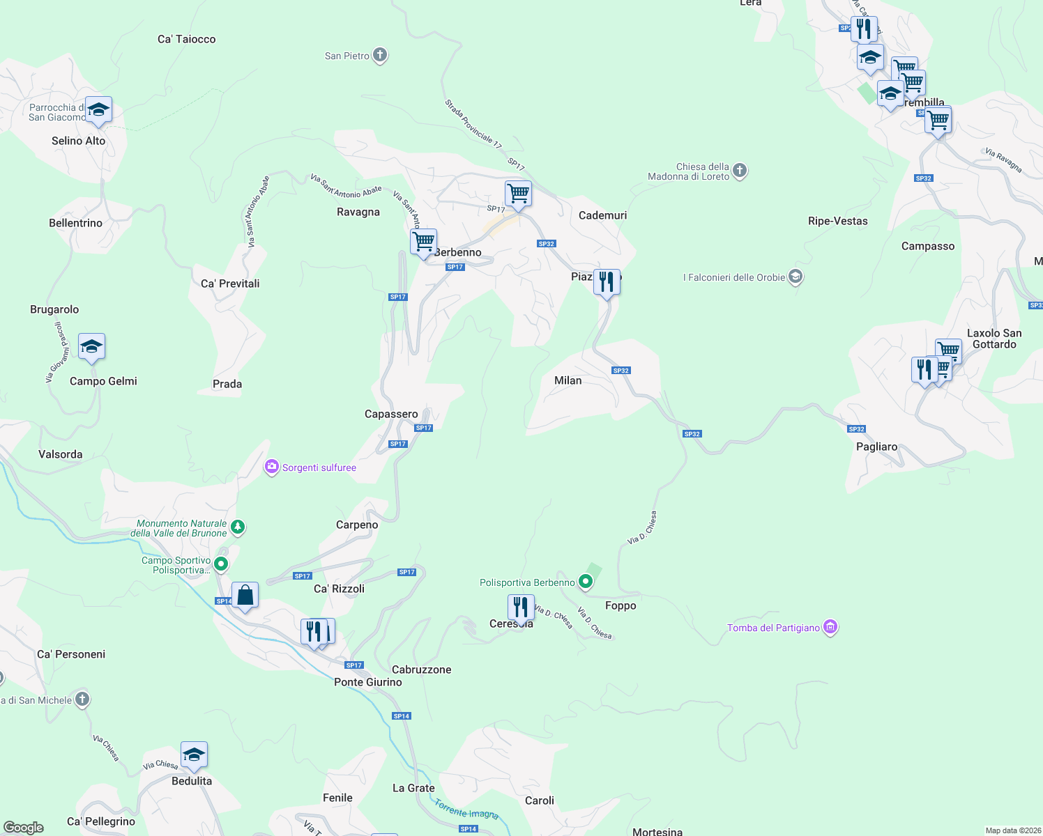 map of restaurants, bars, coffee shops, grocery stores, and more near 52a Via Europa in Provincia di Bergamo