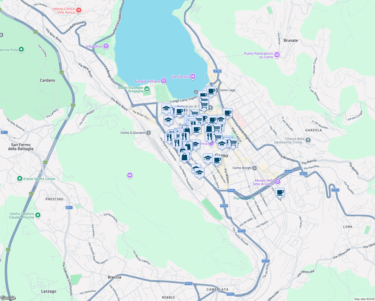 map of restaurants, bars, coffee shops, grocery stores, and more near 25 Via Napo Torriani in Como