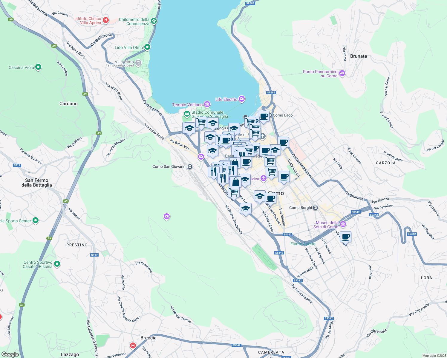map of restaurants, bars, coffee shops, grocery stores, and more near Via Napo Torriani in Como