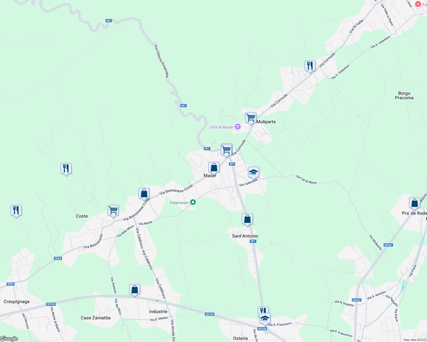 map of restaurants, bars, coffee shops, grocery stores, and more near 24 Via Bassanese in Maser