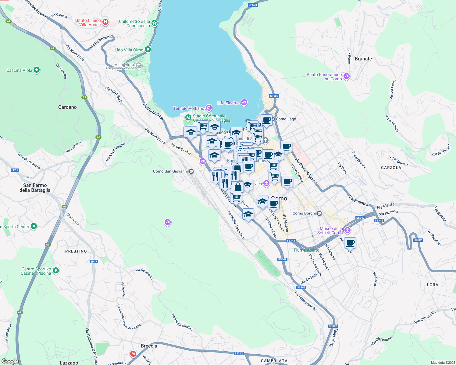 map of restaurants, bars, coffee shops, grocery stores, and more near Via Napo Torriani in Como