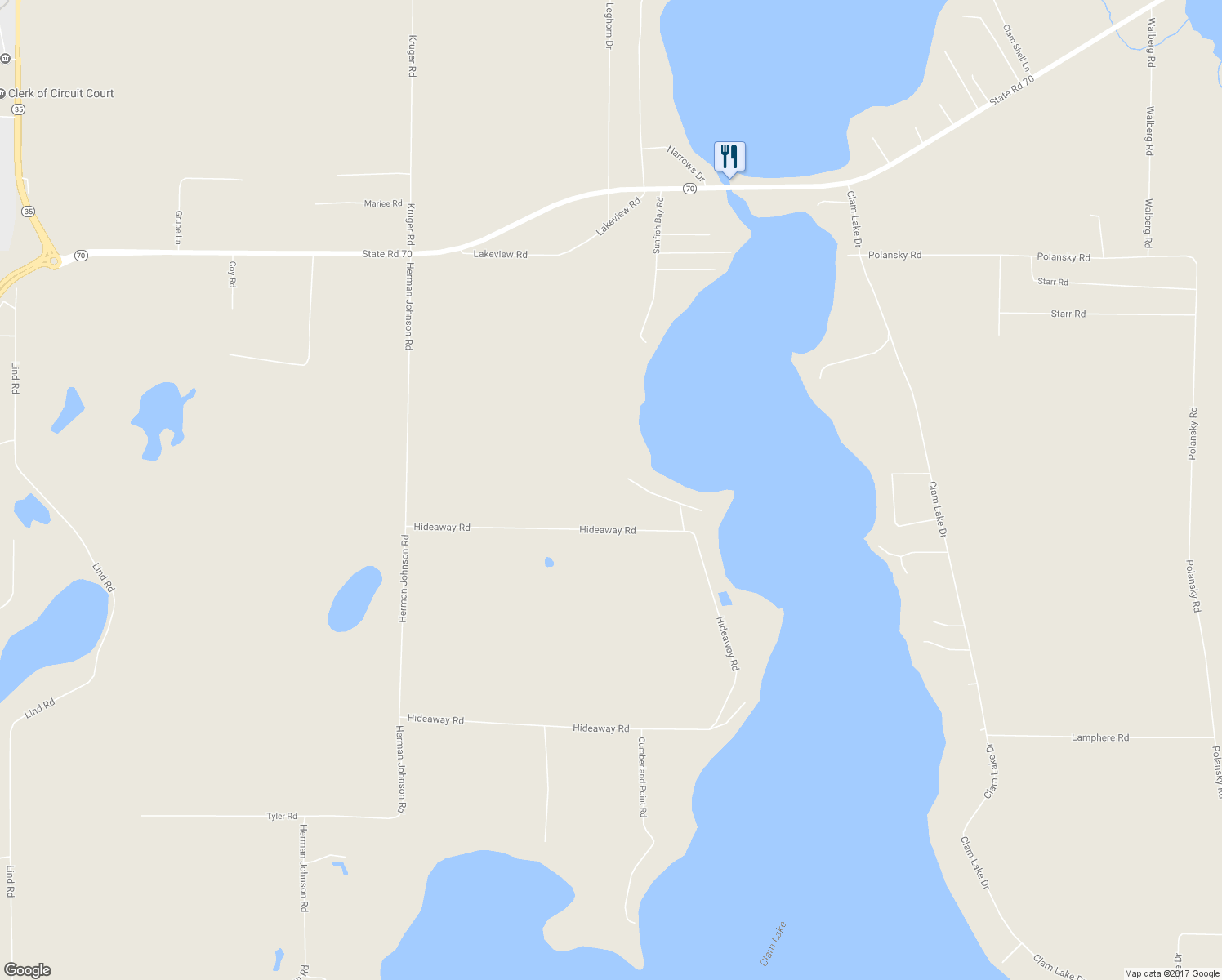 map of restaurants, bars, coffee shops, grocery stores, and more near 6791 Deer Track Road in Siren