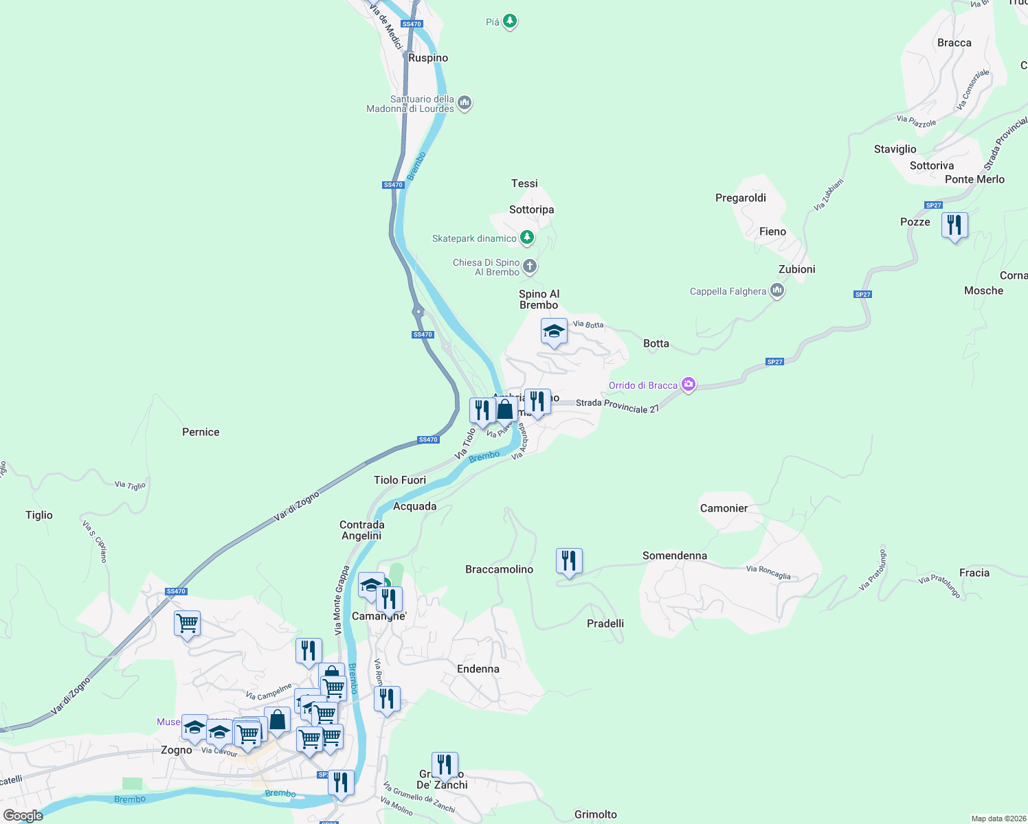 map of restaurants, bars, coffee shops, grocery stores, and more near 7 Via Rocca in Ambria-Spino