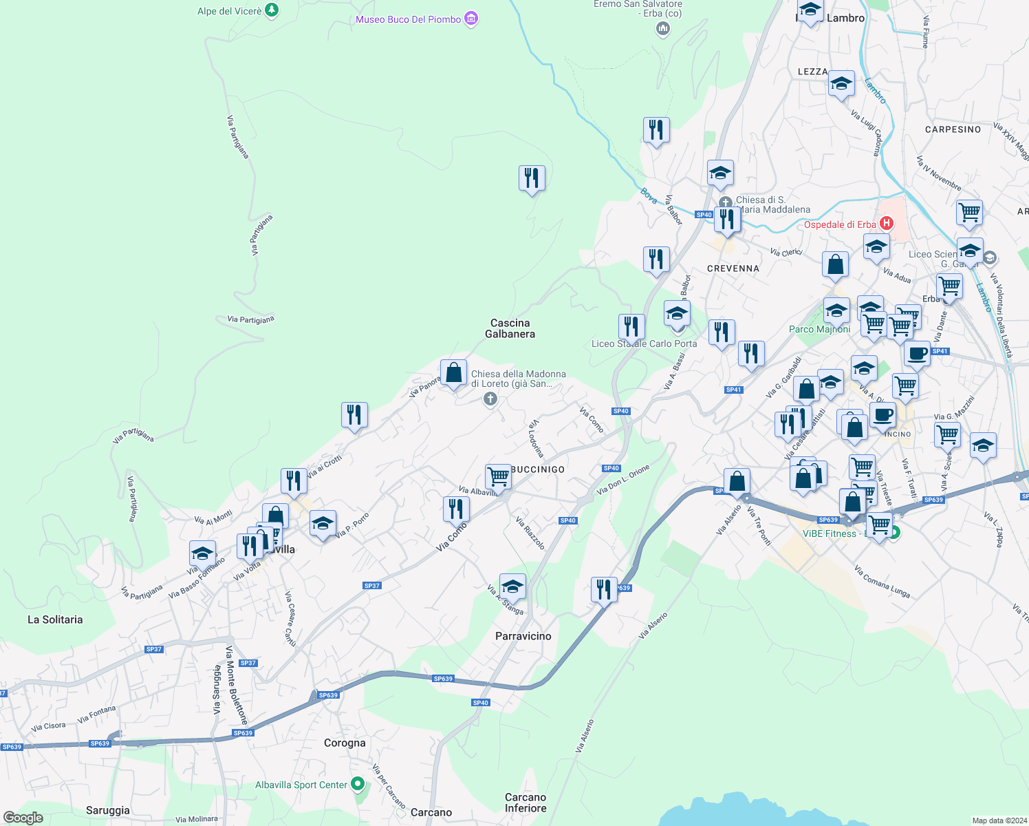 map of restaurants, bars, coffee shops, grocery stores, and more near 13 Via Lodorina in Erba