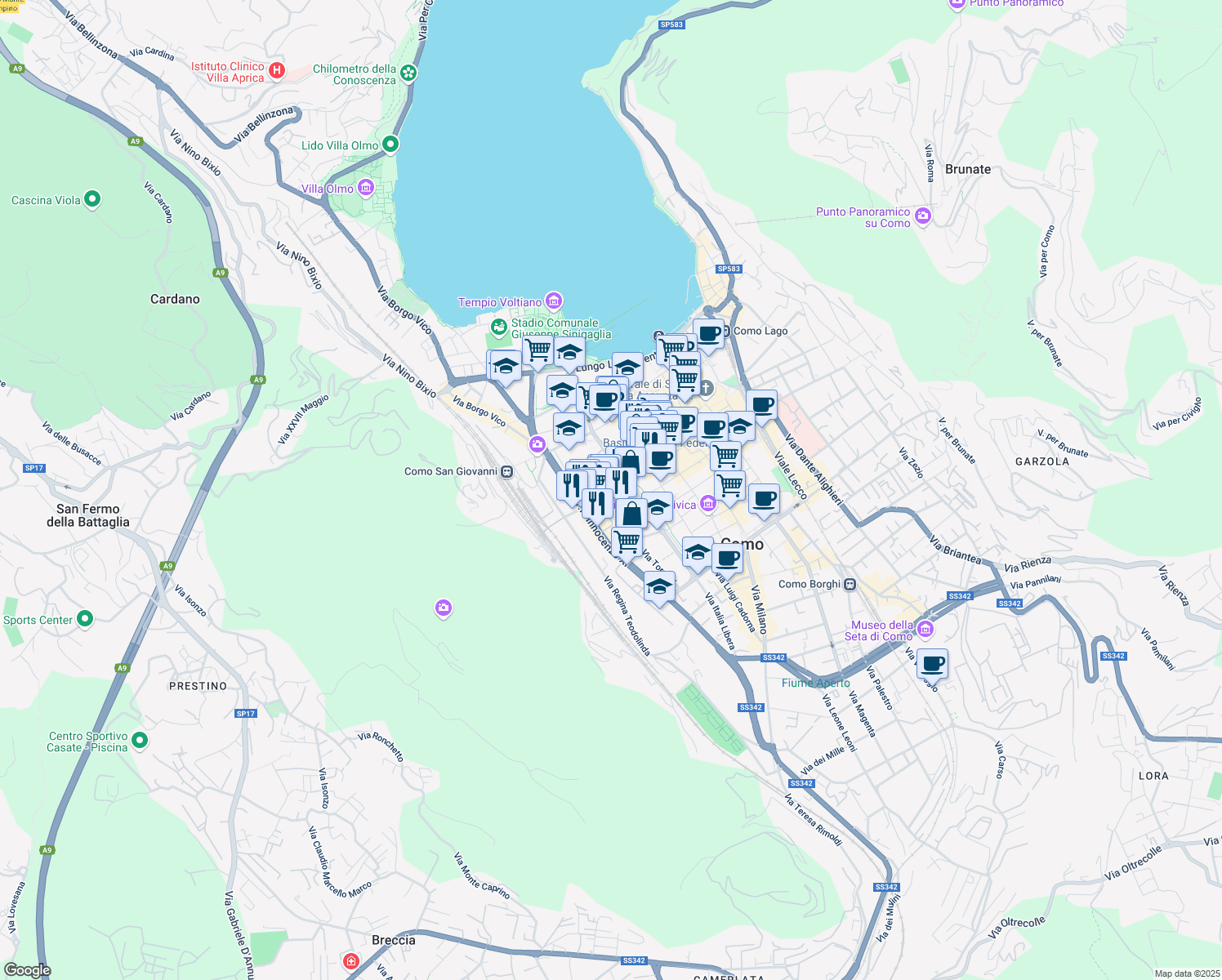 map of restaurants, bars, coffee shops, grocery stores, and more near Via Napo Torriani in Como