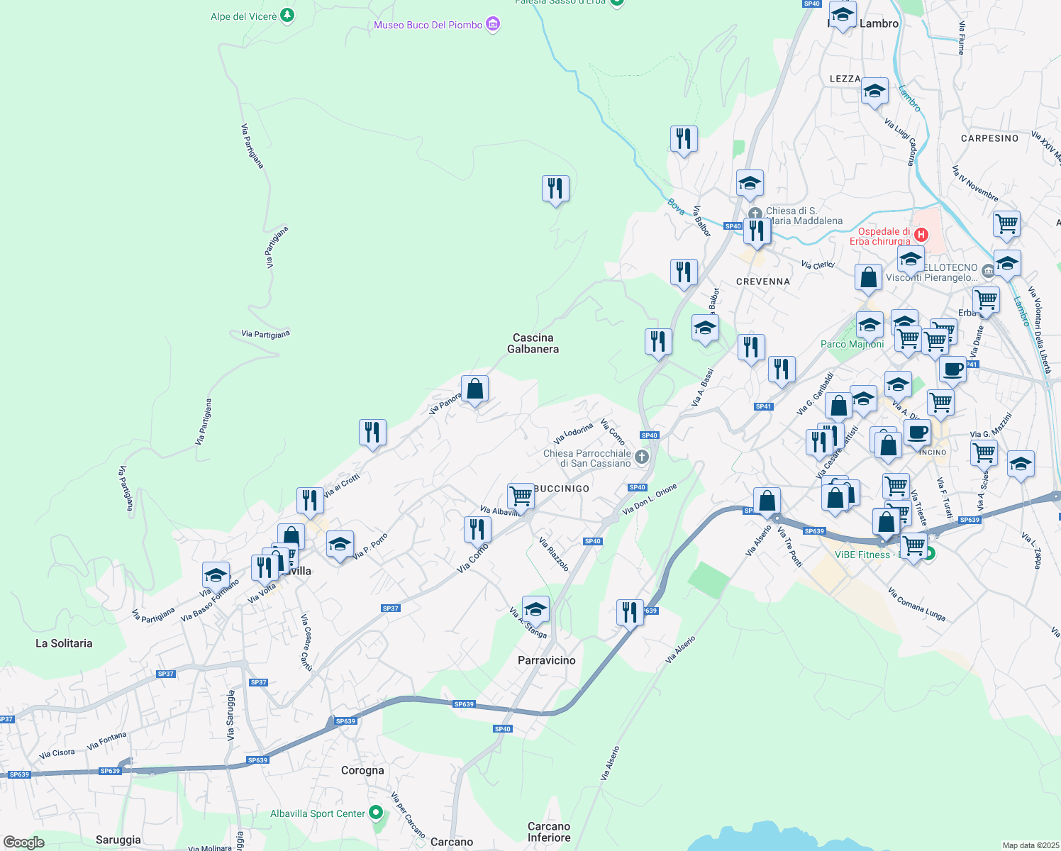map of restaurants, bars, coffee shops, grocery stores, and more near 13 Via Lodorina in Erba