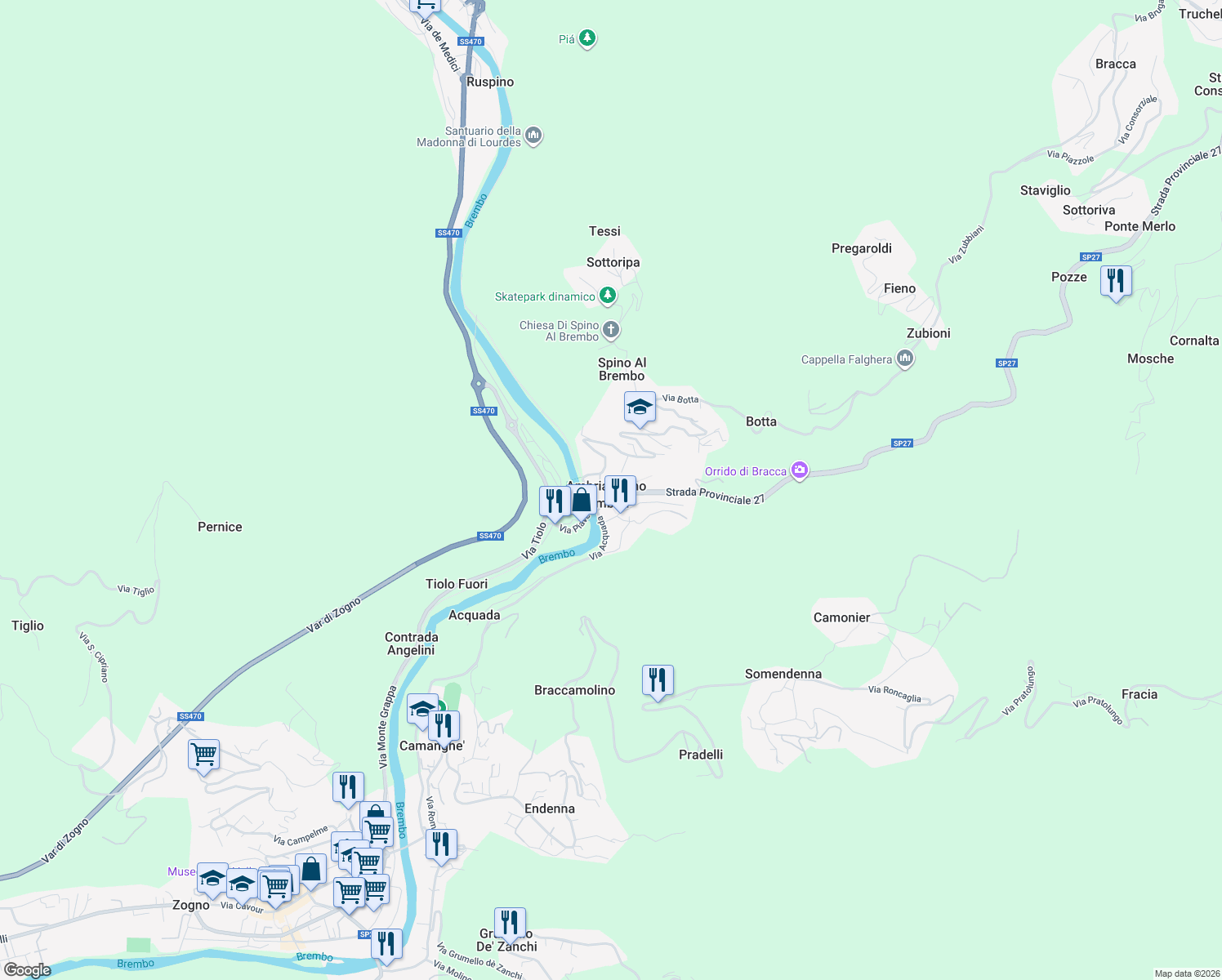 map of restaurants, bars, coffee shops, grocery stores, and more near 7 Via Rocca in Ambria-Spino