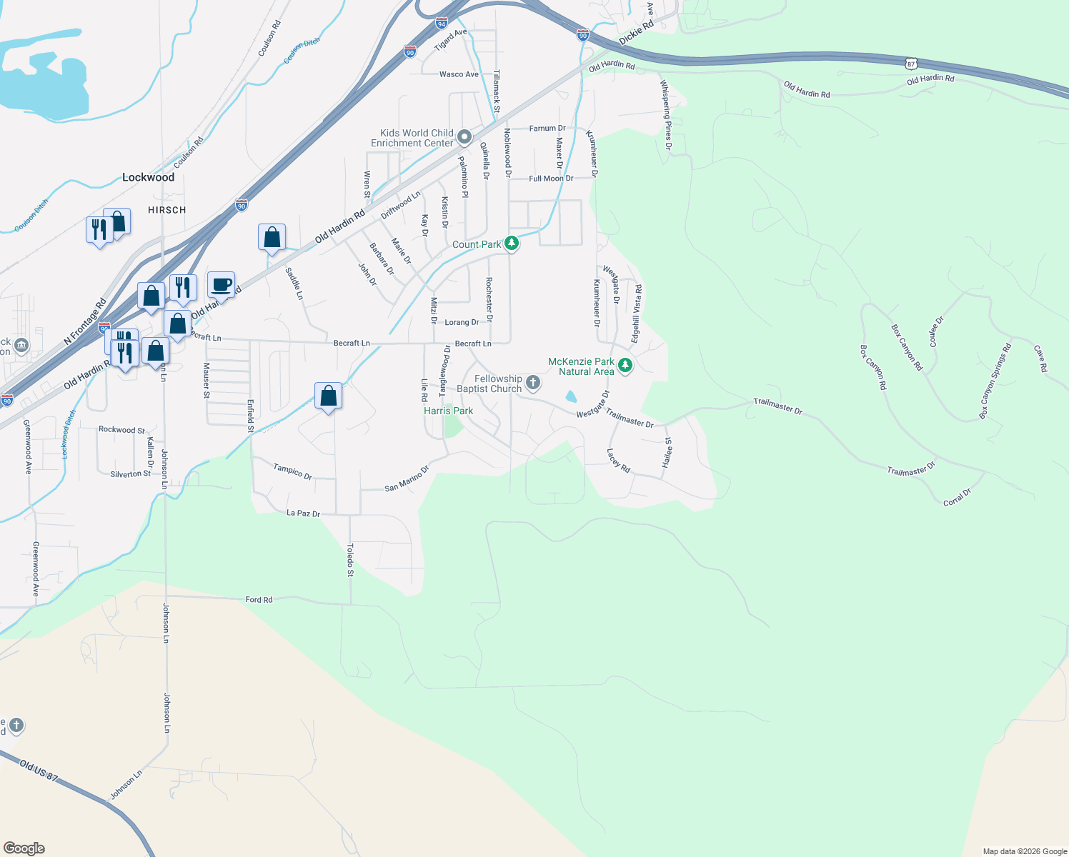 map of restaurants, bars, coffee shops, grocery stores, and more near 3631 Raindrop Lane in Billings