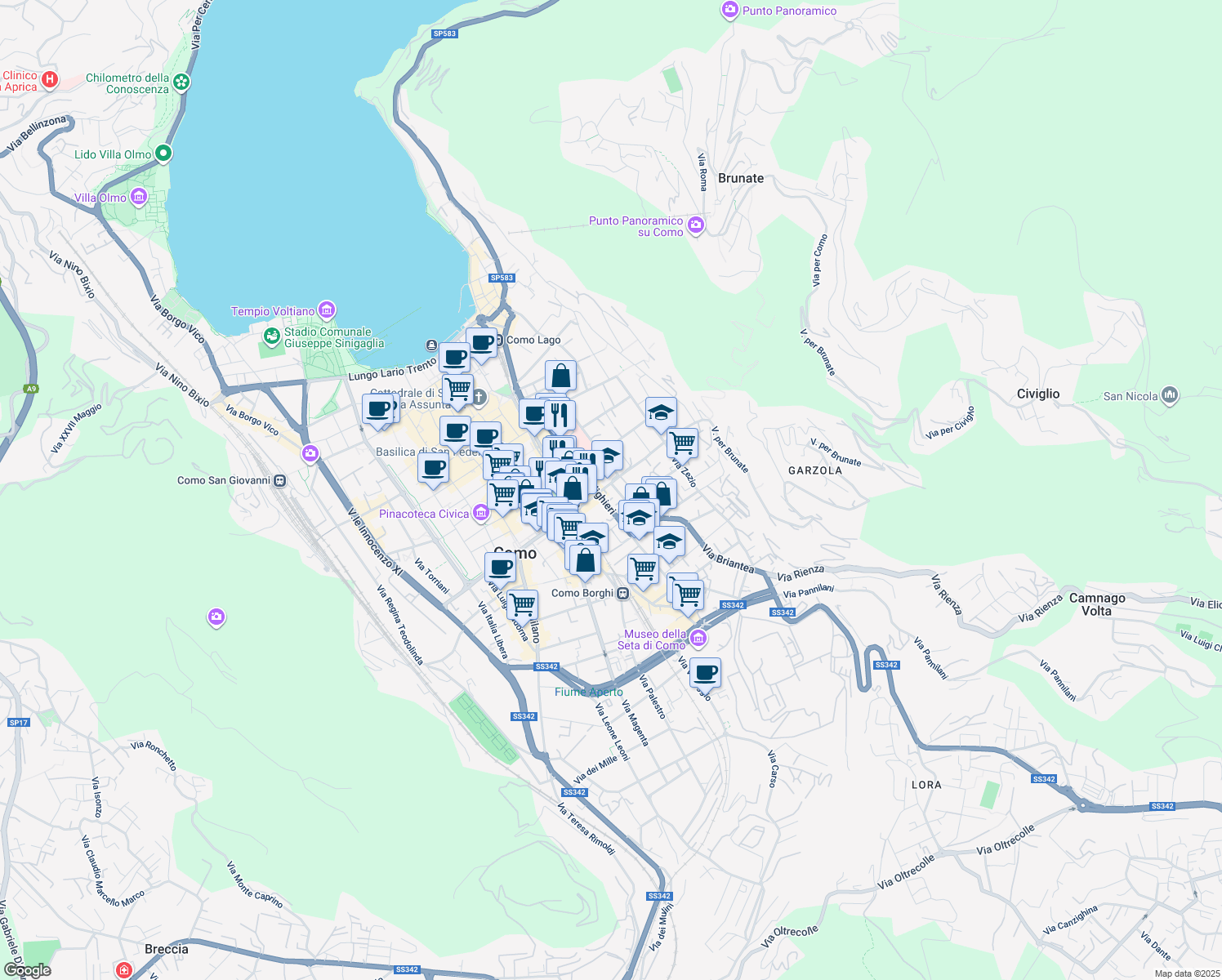 map of restaurants, bars, coffee shops, grocery stores, and more near 83 Via Dante Alighieri in Como