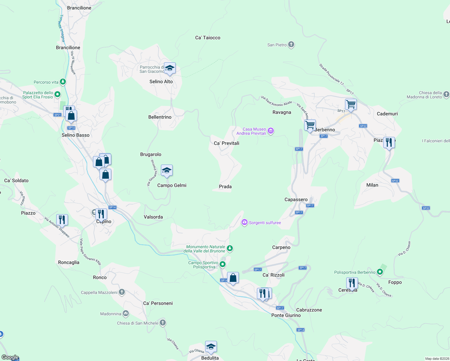map of restaurants, bars, coffee shops, grocery stores, and more near 39 Via Fratelli Calvi in Provincia di Bergamo