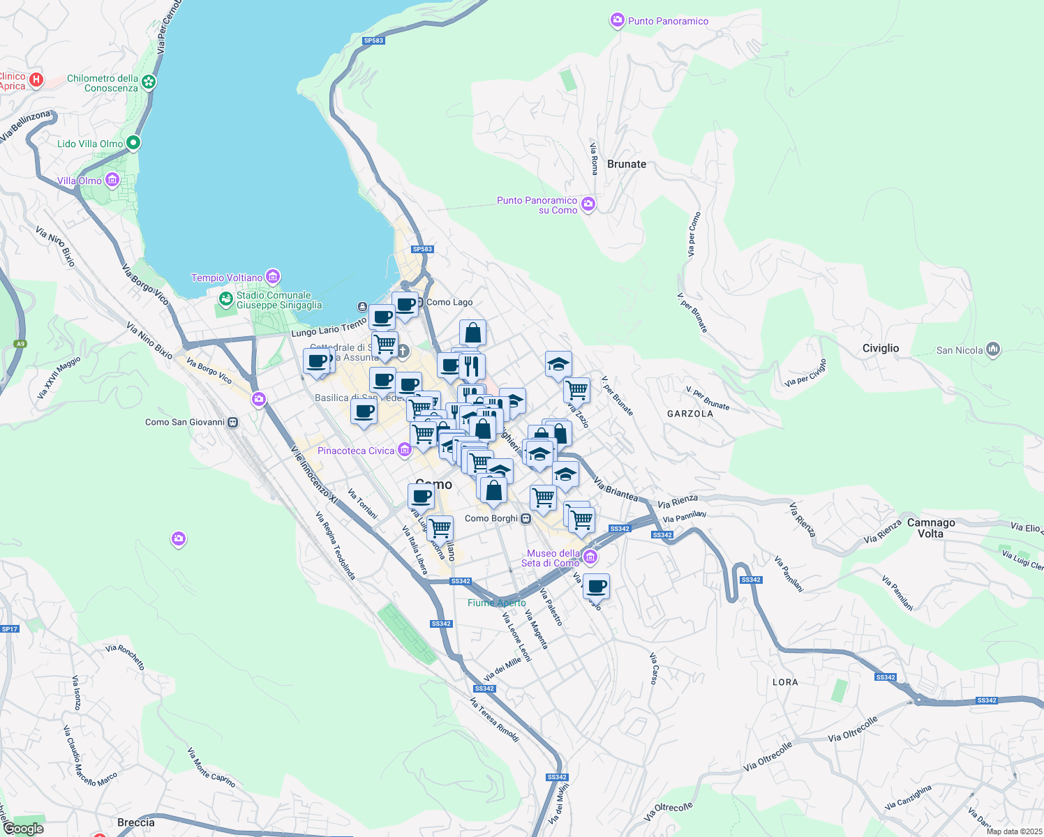 map of restaurants, bars, coffee shops, grocery stores, and more near 83 Via Dante Alighieri in Como