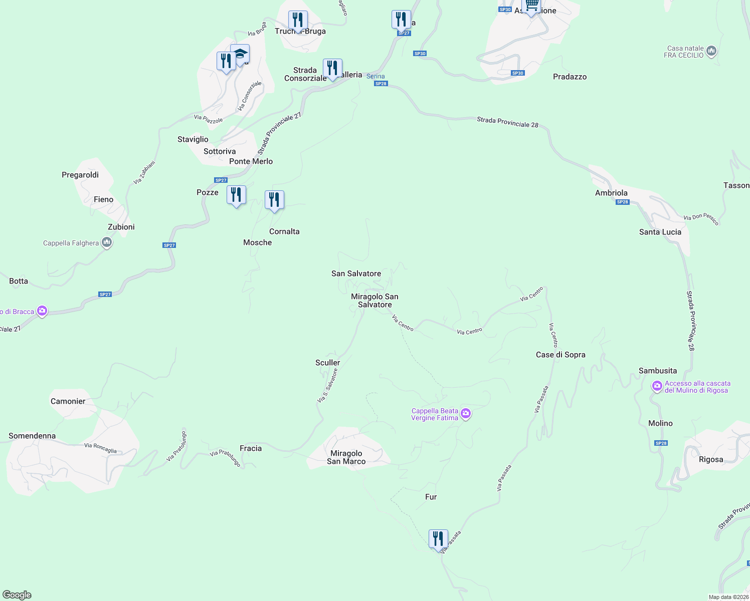 map of restaurants, bars, coffee shops, grocery stores, and more near 26 Via Centro in Miragolo San Salvatore
