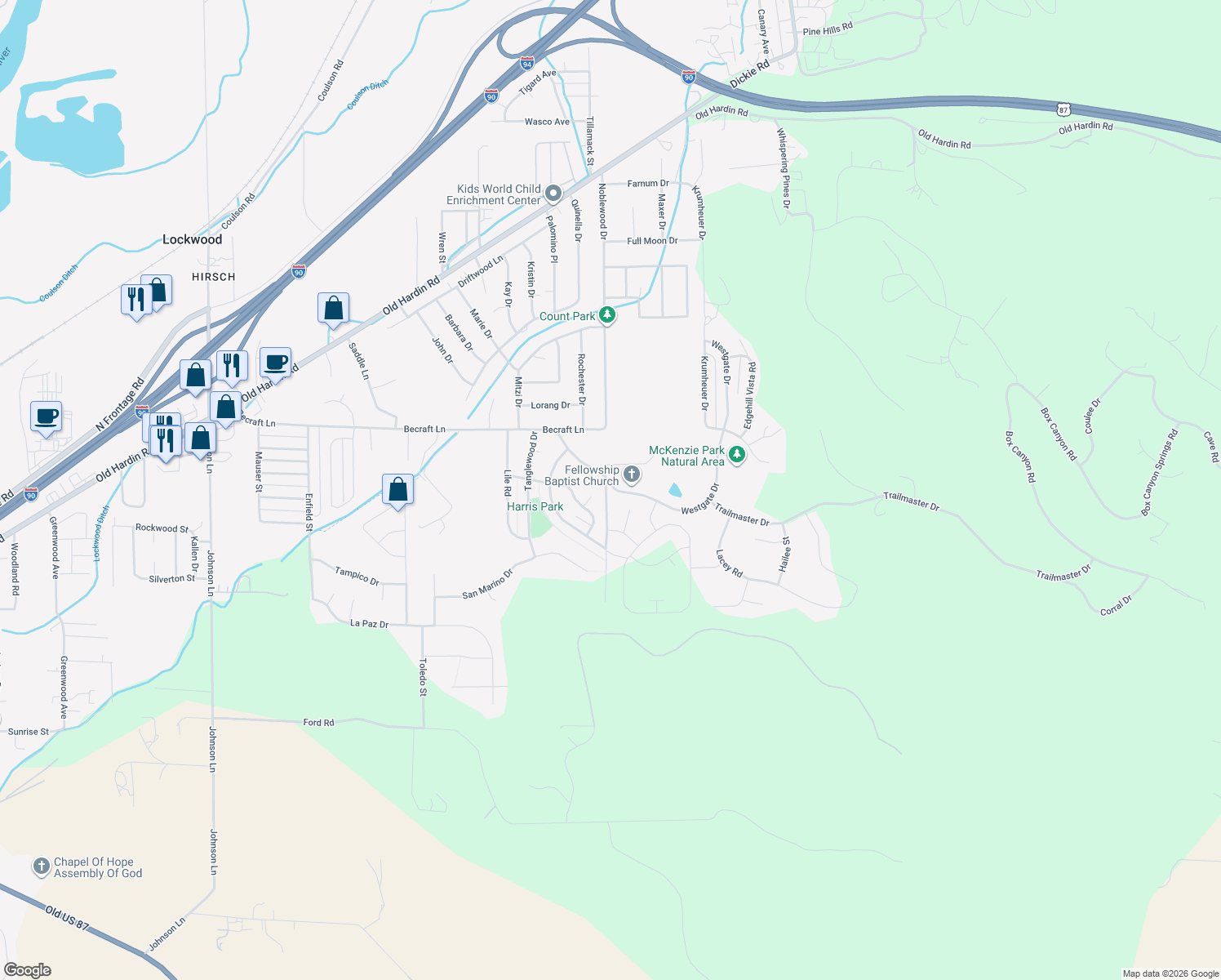 map of restaurants, bars, coffee shops, grocery stores, and more near 665 Noblewood Dr in Billings