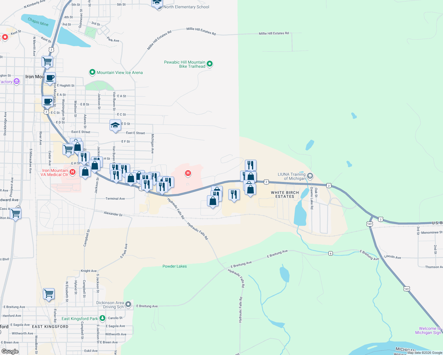 map of restaurants, bars, coffee shops, grocery stores, and more near 1805 South Stephenson Avenue in Iron Mountain