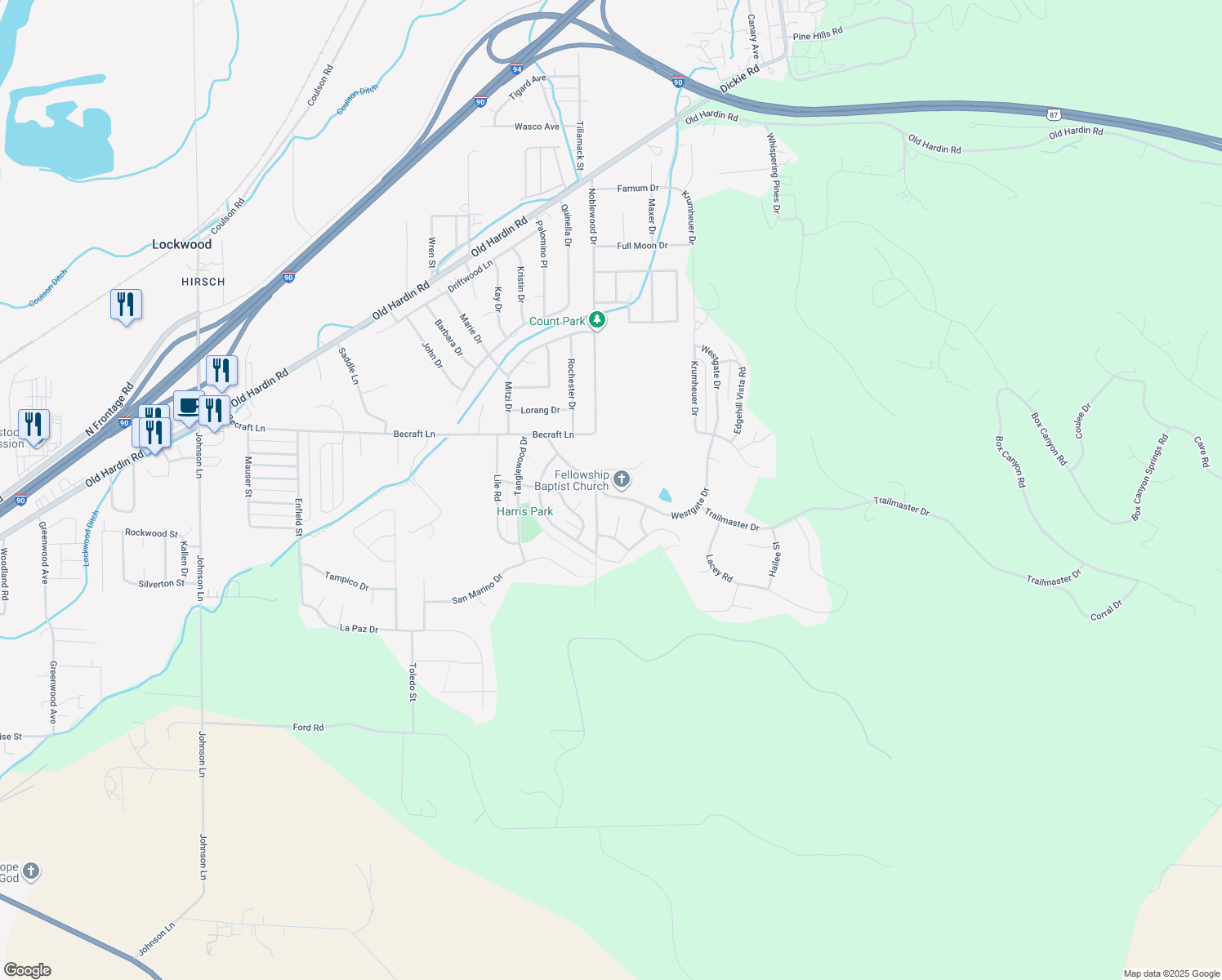 map of restaurants, bars, coffee shops, grocery stores, and more near 423 Westgate Drive in Billings
