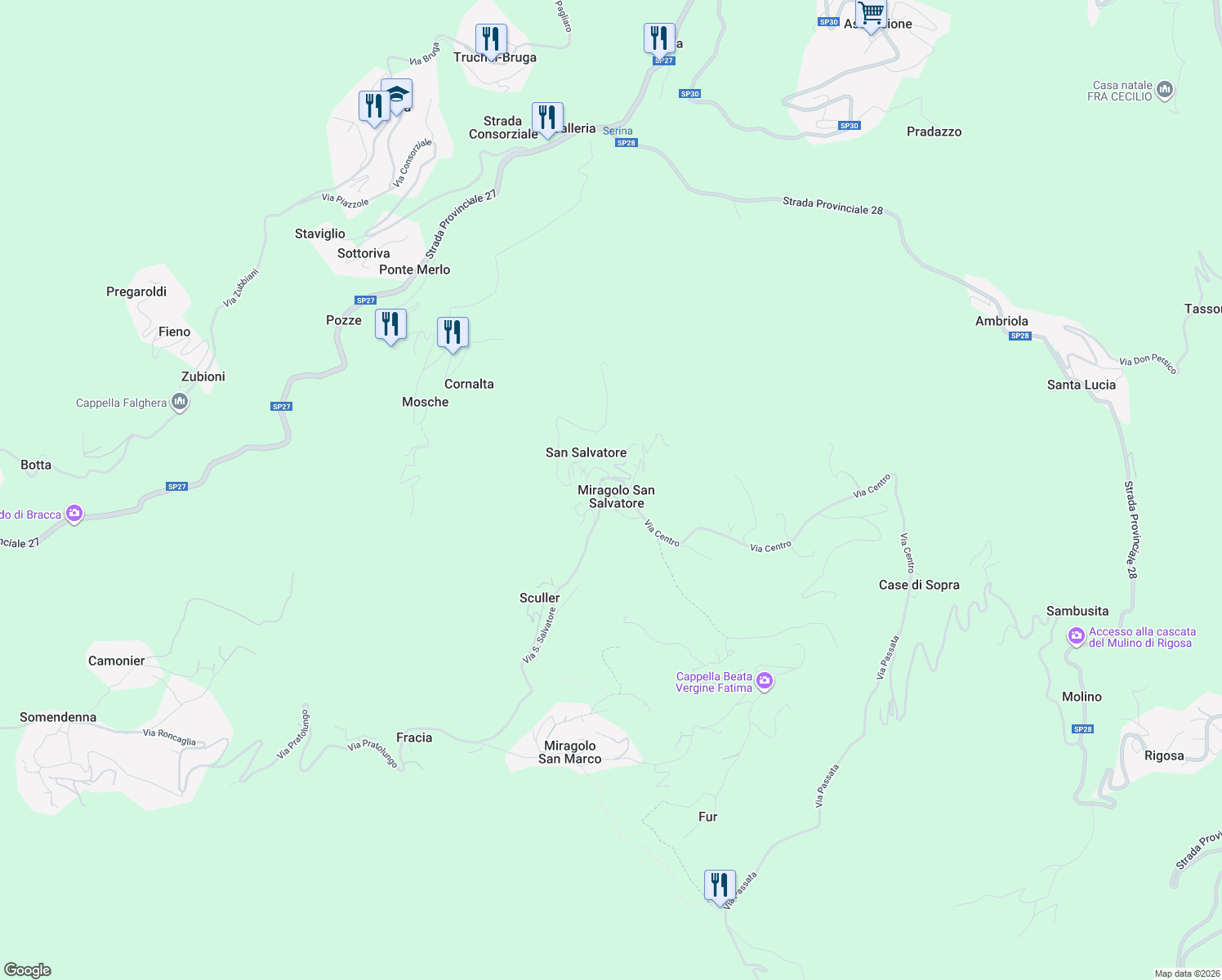map of restaurants, bars, coffee shops, grocery stores, and more near 26 Via Centro in Miragolo San Salvatore