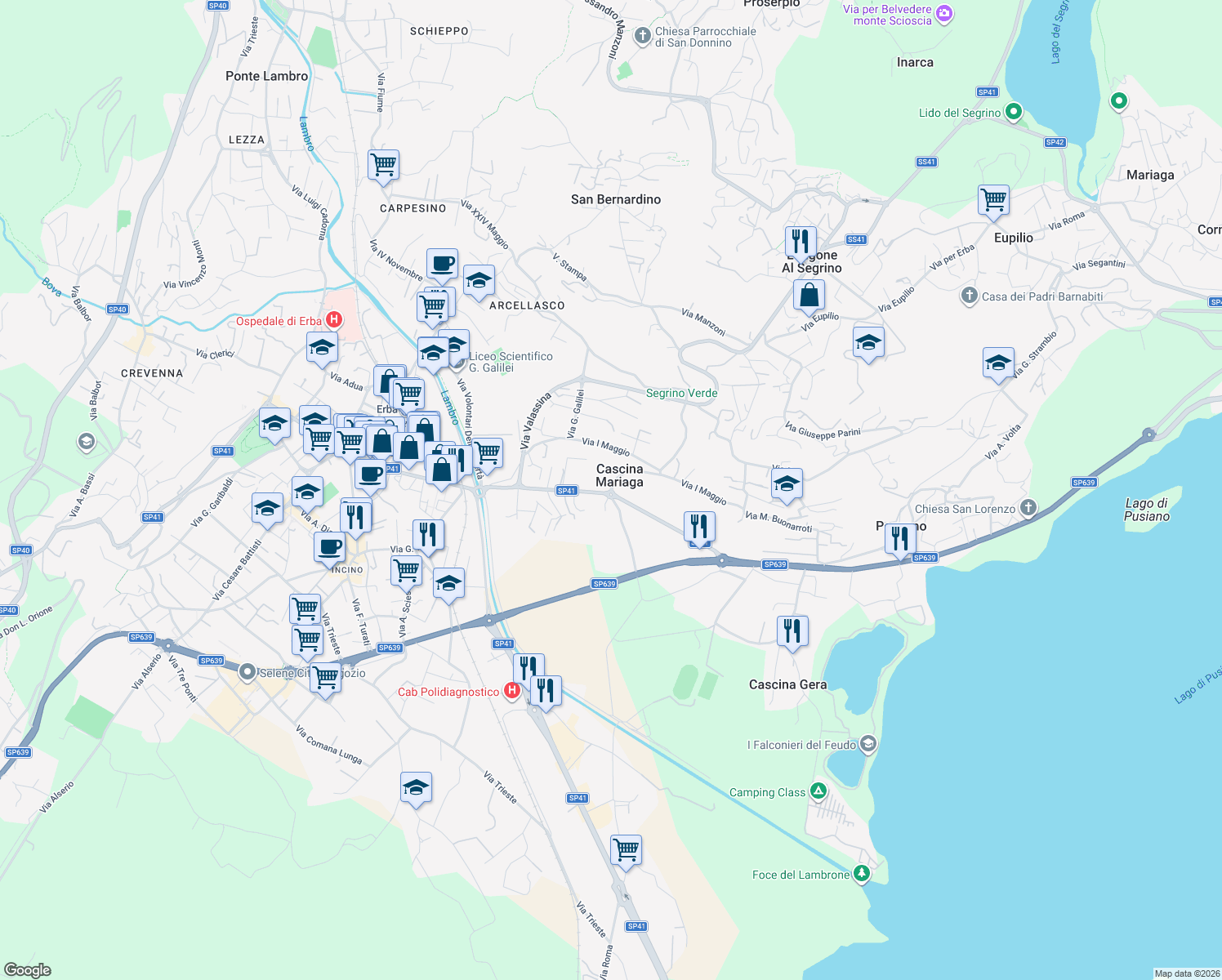 map of restaurants, bars, coffee shops, grocery stores, and more near Via Lecco in Erba
