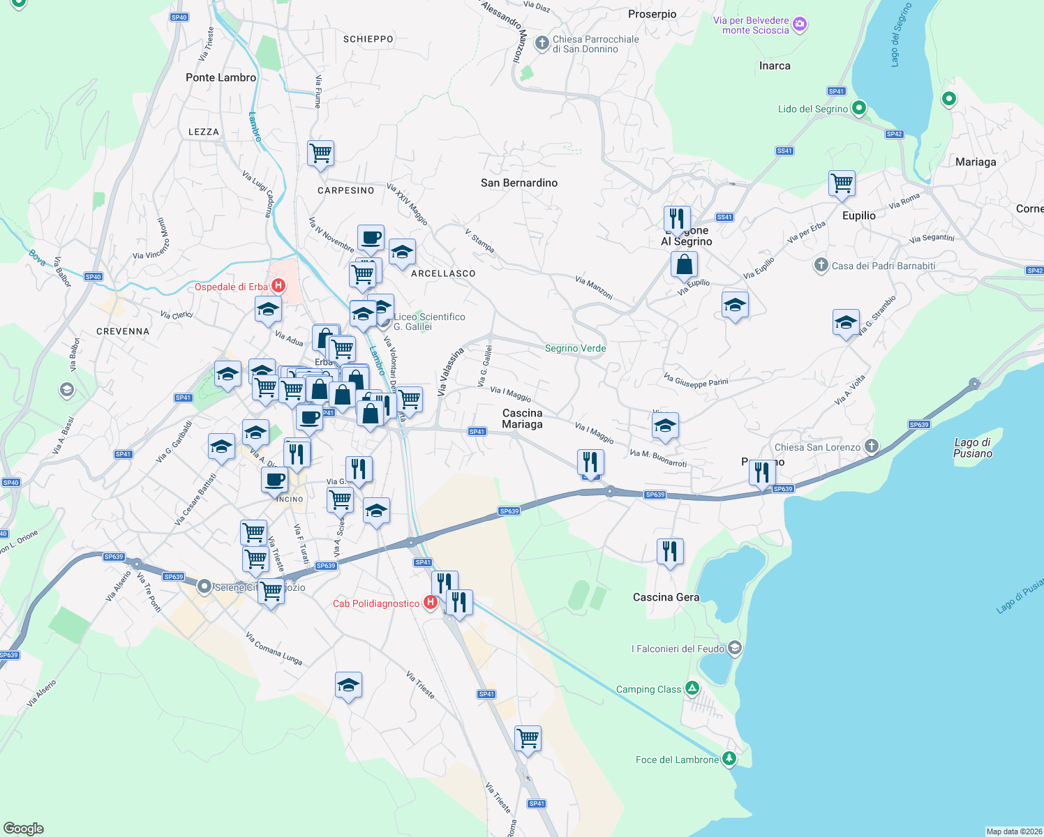 map of restaurants, bars, coffee shops, grocery stores, and more near Via Lecco in Erba