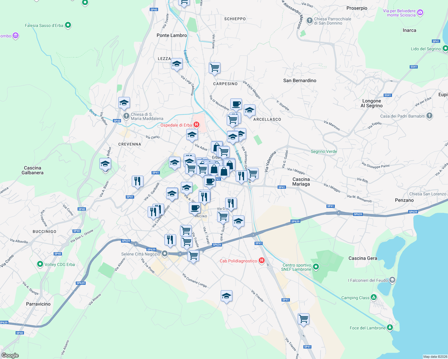 map of restaurants, bars, coffee shops, grocery stores, and more near 2-24 Via Dante in Erba