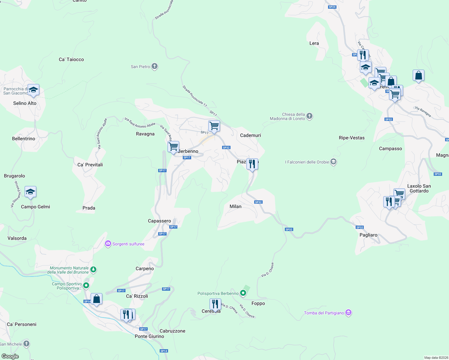map of restaurants, bars, coffee shops, grocery stores, and more near 71 Via Europa in Berbenno