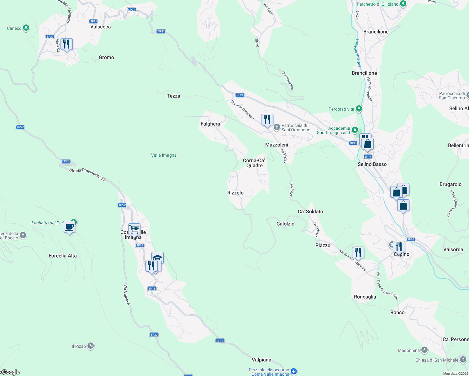 map of restaurants, bars, coffee shops, grocery stores, and more near 162 Via Brigata Lupi di Toscana in Rizzolo
