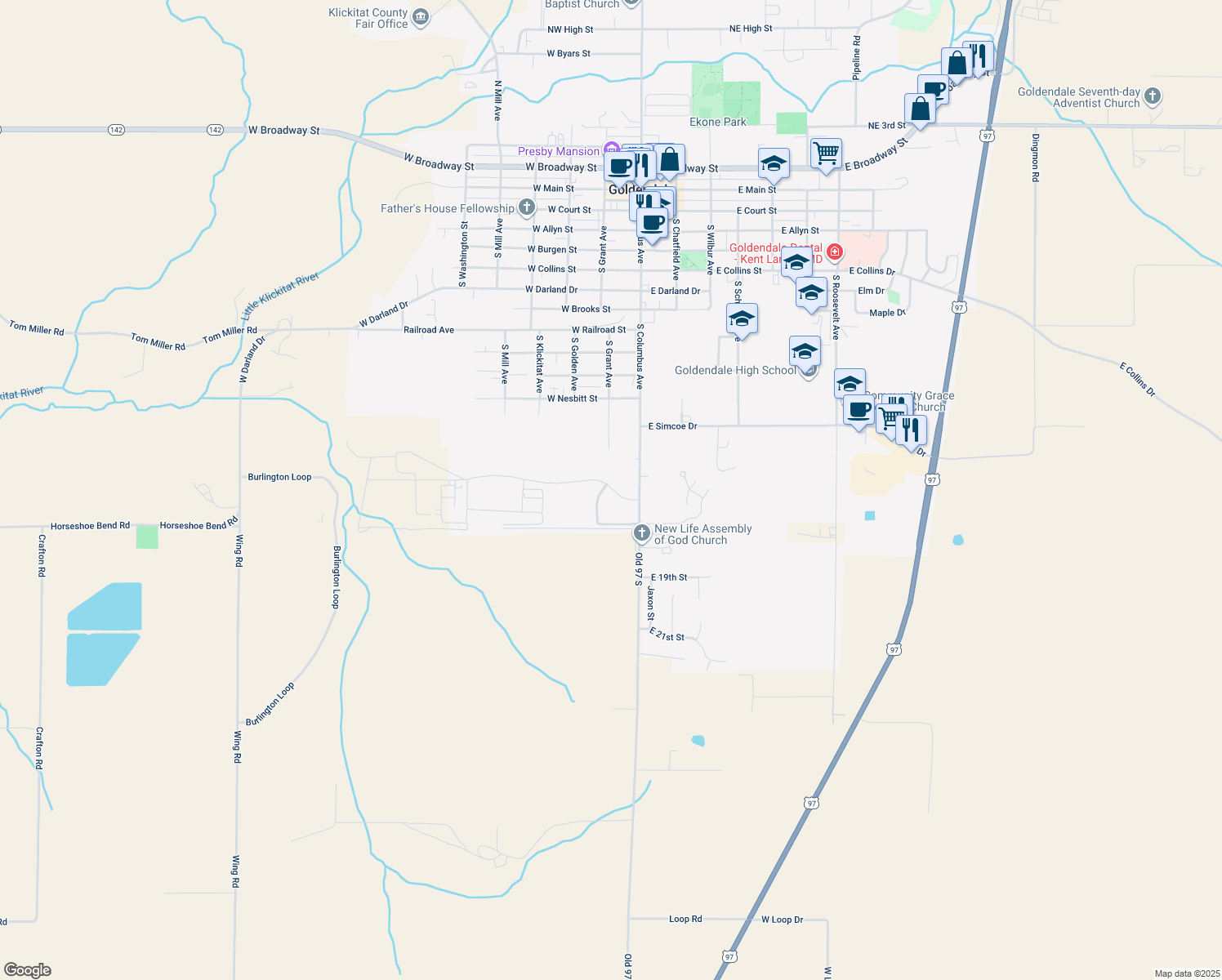 map of restaurants, bars, coffee shops, grocery stores, and more near 1505 South Grant Avenue in Goldendale