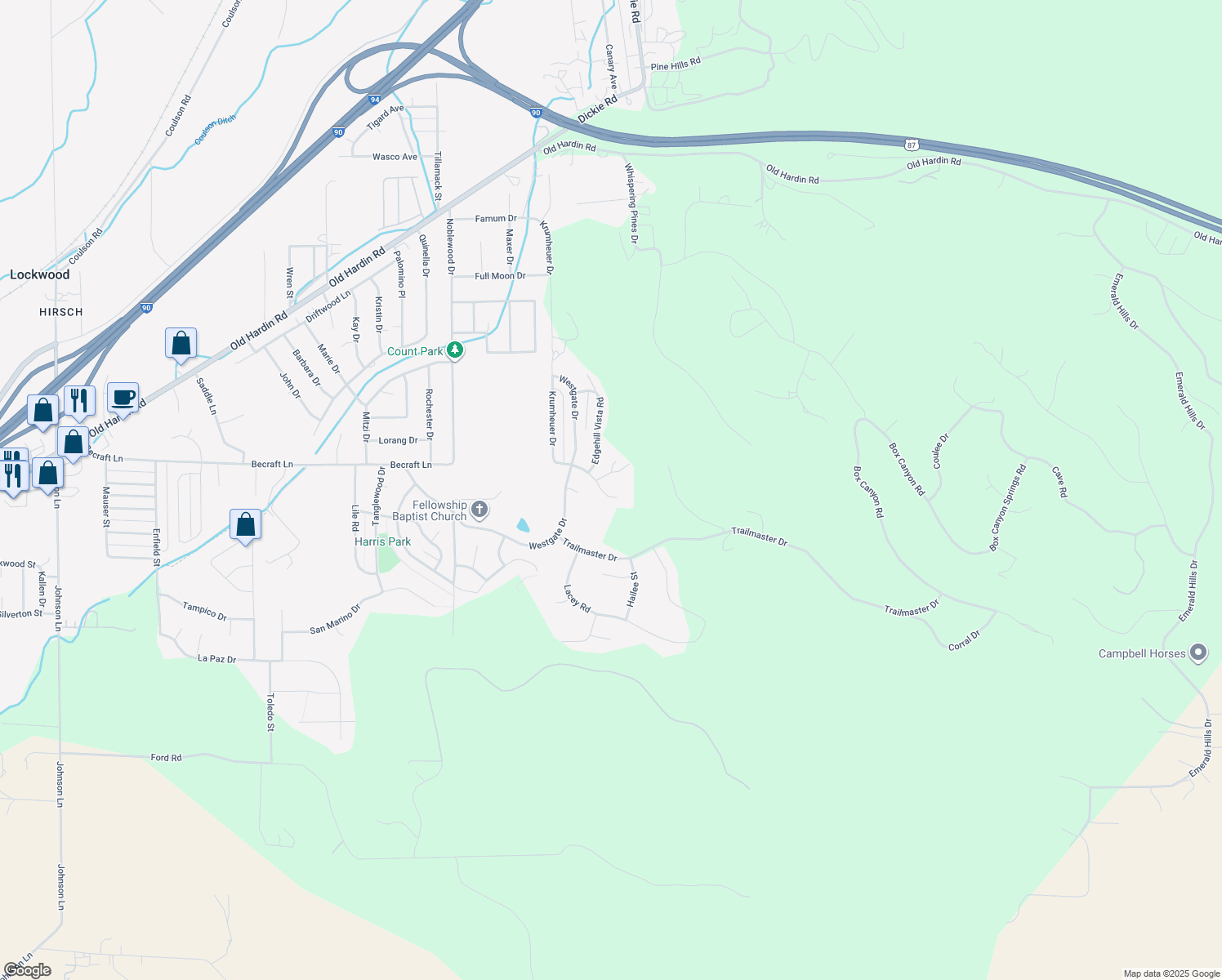 map of restaurants, bars, coffee shops, grocery stores, and more near 3921 Becraft Lane in Billings