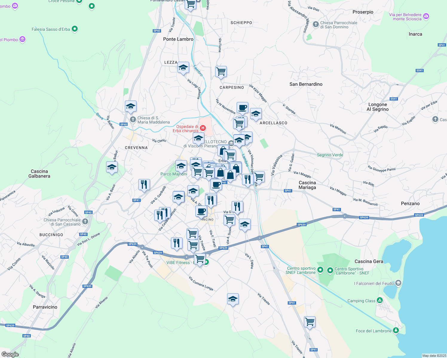 map of restaurants, bars, coffee shops, grocery stores, and more near 24 Via Dante in Erba