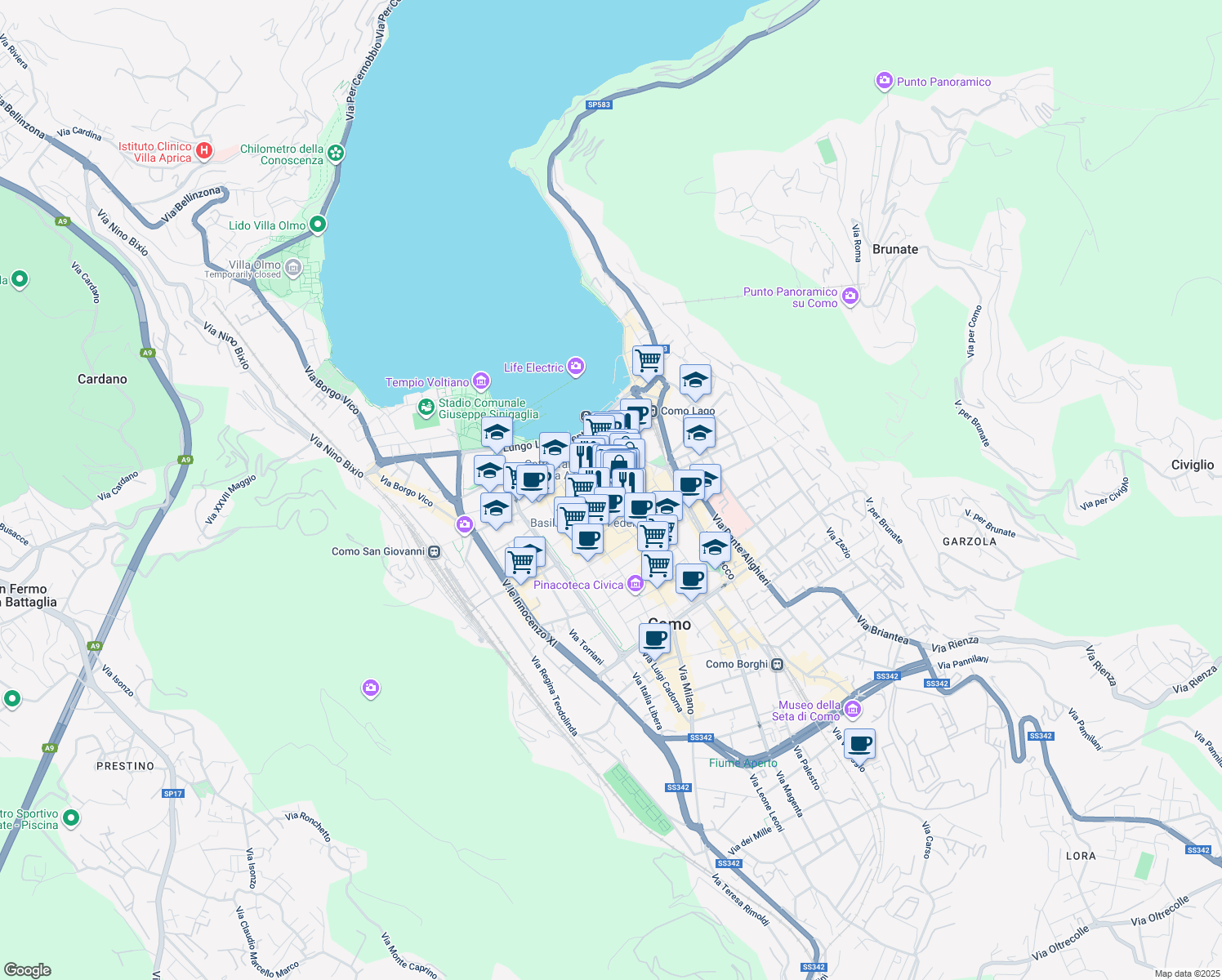 map of restaurants, bars, coffee shops, grocery stores, and more near 20 Via Pietro Boldoni in Como