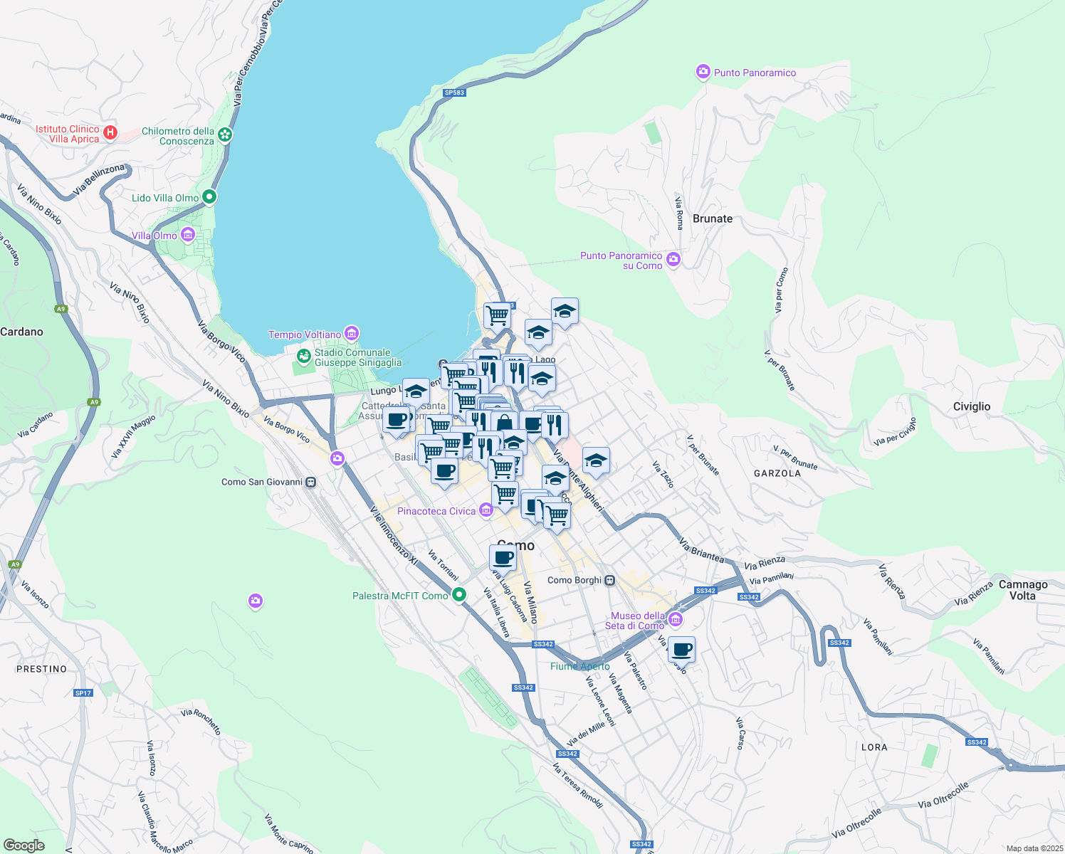 map of restaurants, bars, coffee shops, grocery stores, and more near Piazza del Popolo in Como