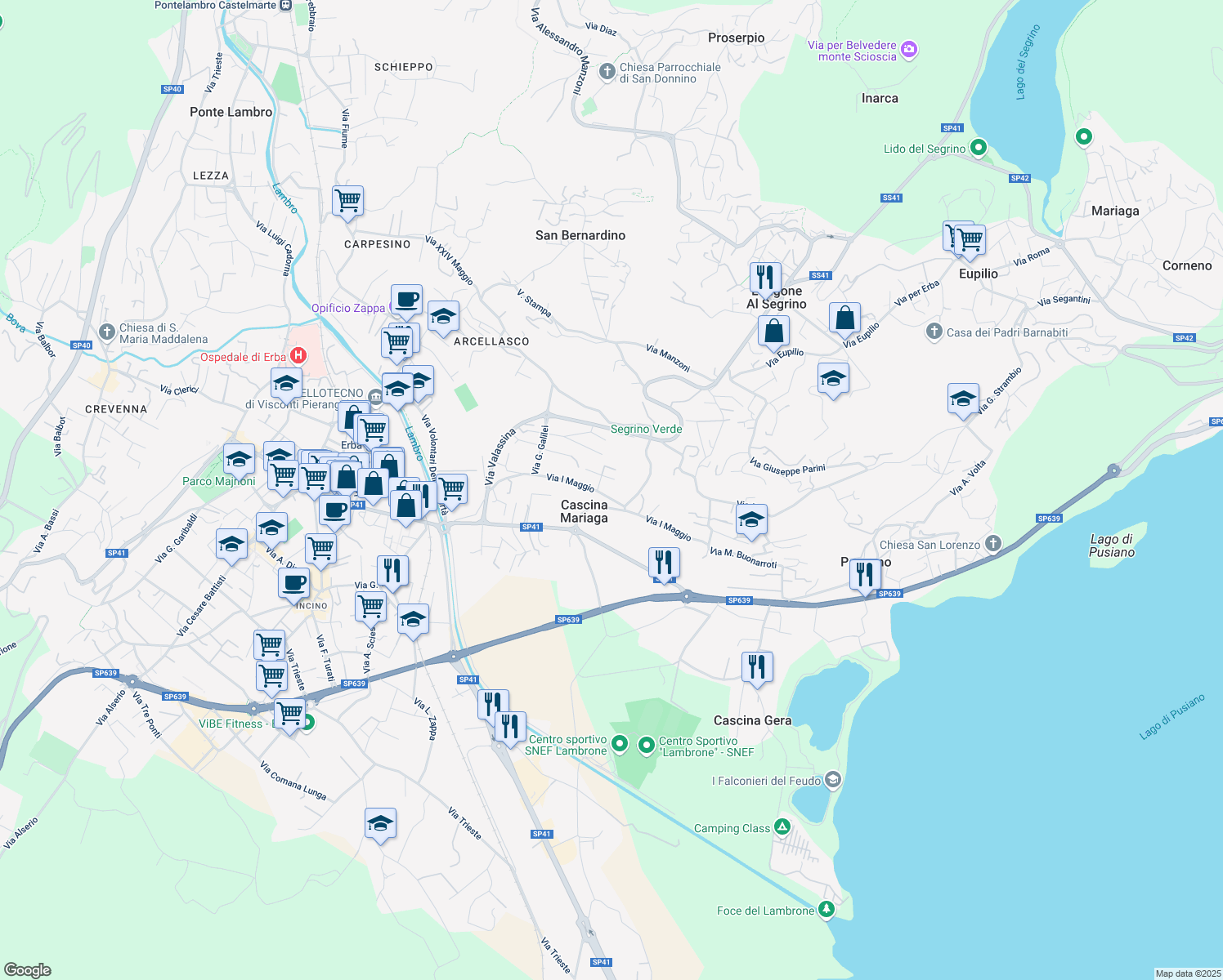 map of restaurants, bars, coffee shops, grocery stores, and more near 15 Via Meucci in Erba