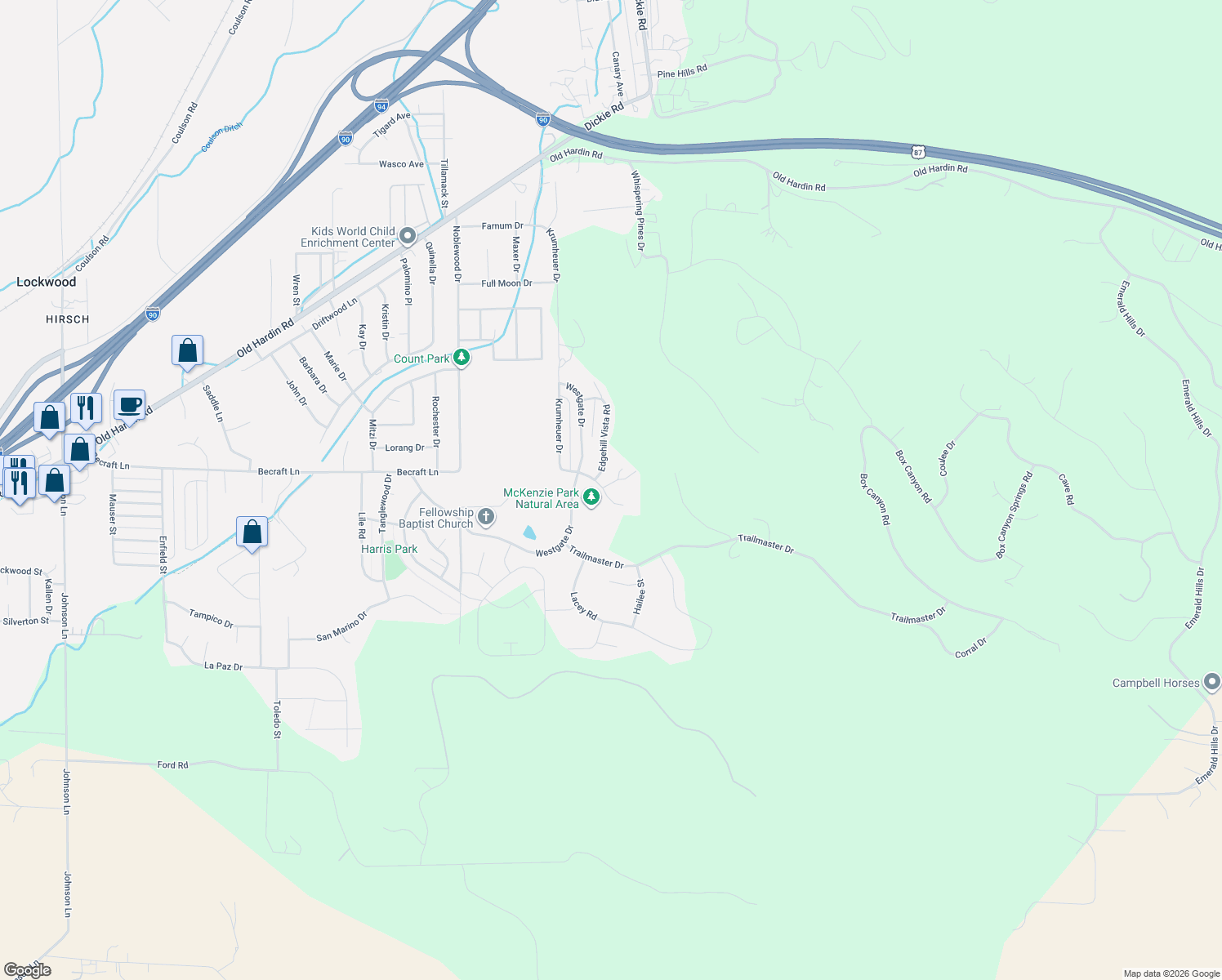 map of restaurants, bars, coffee shops, grocery stores, and more near 3921 Becraft Lane in Billings