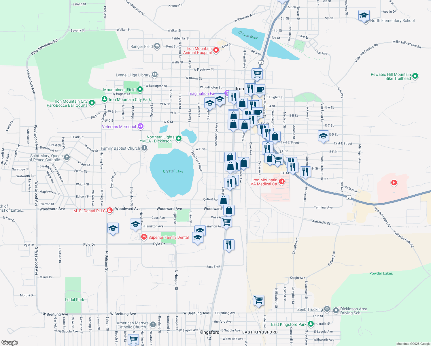 map of restaurants, bars, coffee shops, grocery stores, and more near 398 W H St in Iron Mountain