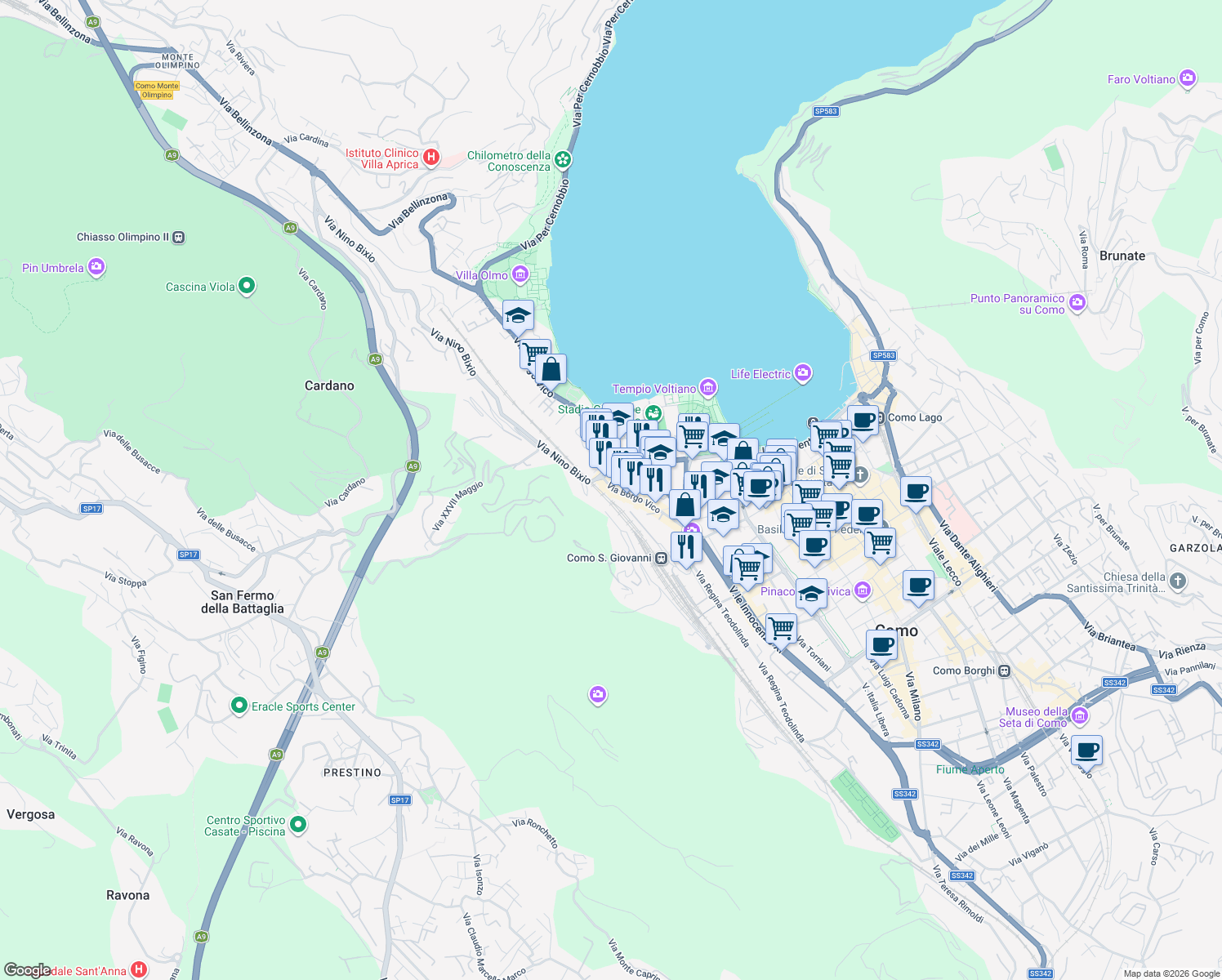 map of restaurants, bars, coffee shops, grocery stores, and more near 88 Via Borgo Vico in Como