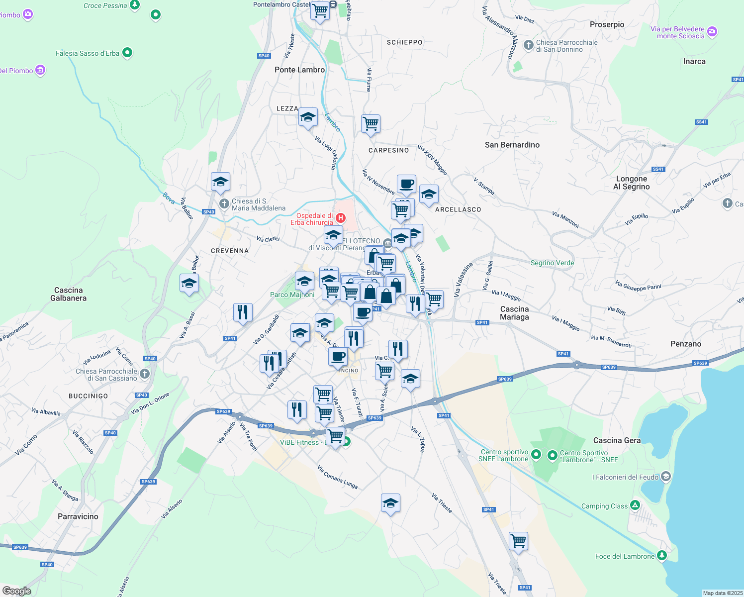 map of restaurants, bars, coffee shops, grocery stores, and more near 2-24 Via Dante in Erba