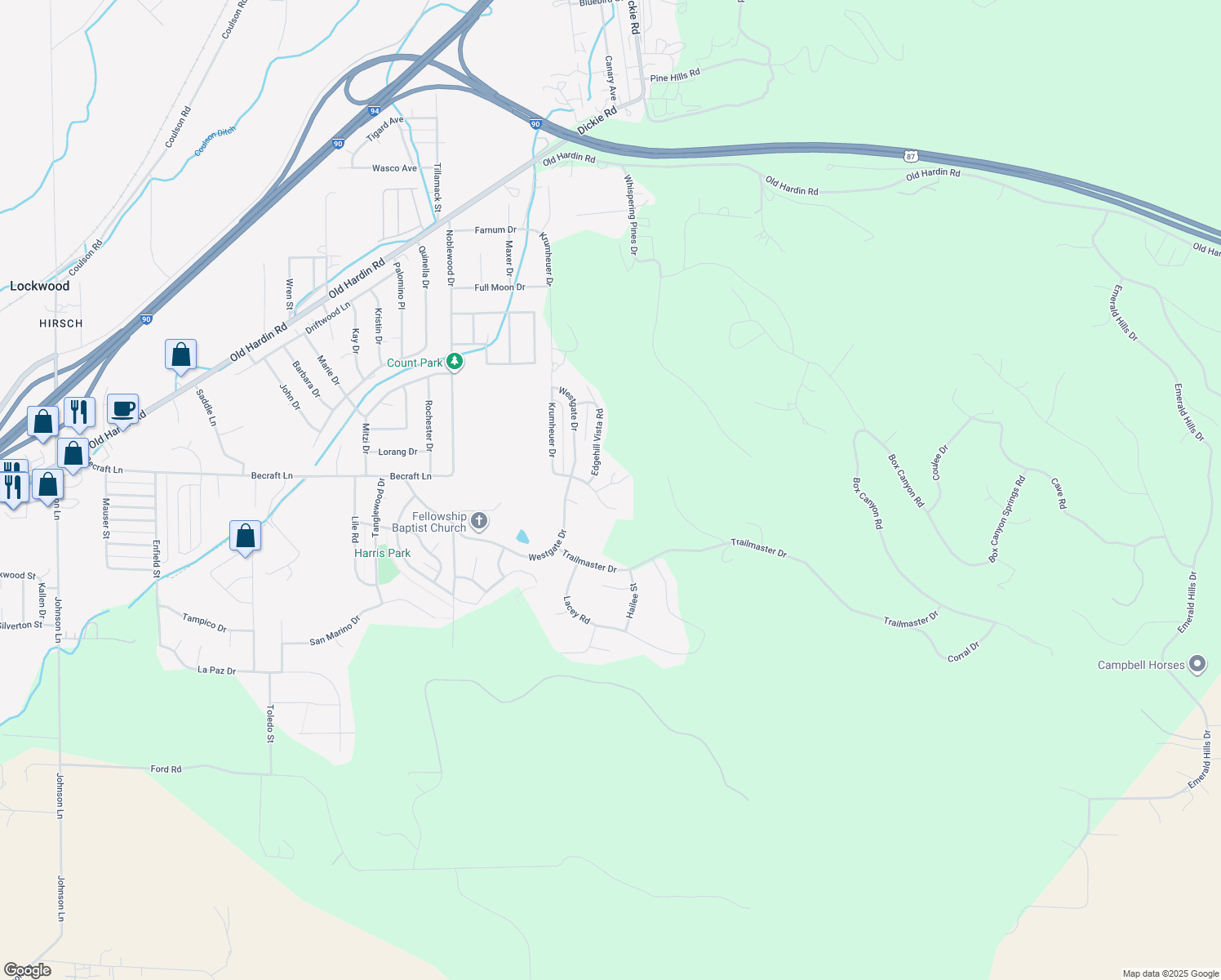 map of restaurants, bars, coffee shops, grocery stores, and more near 3921 Becraft Lane in Billings