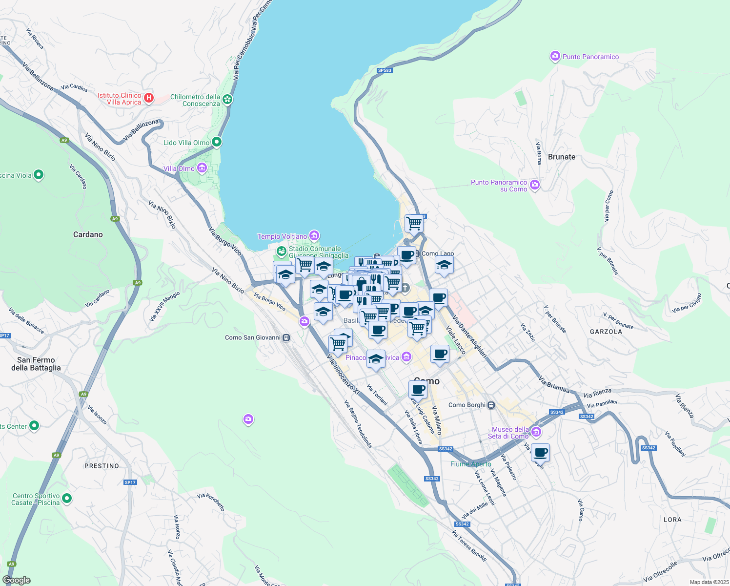 map of restaurants, bars, coffee shops, grocery stores, and more near 5 Via Paolo Carcano in Como